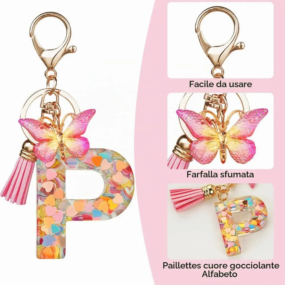 OSDUE Portachiavi Donna con Lettera P, Farfalla e Nappa Rosa - immagine 4