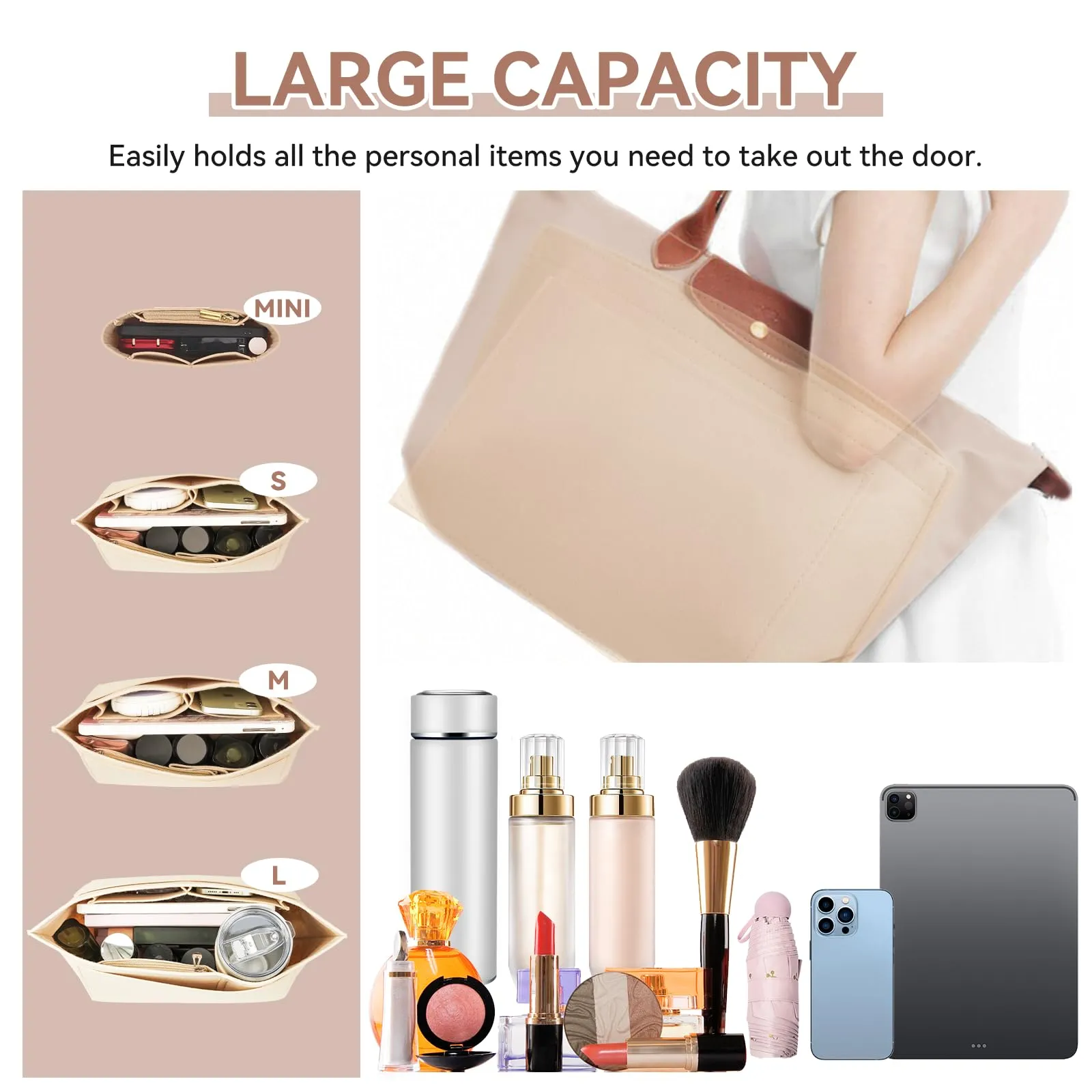 LUOJINYI Organizer Borsa Donna, Beige, M - immagine 5