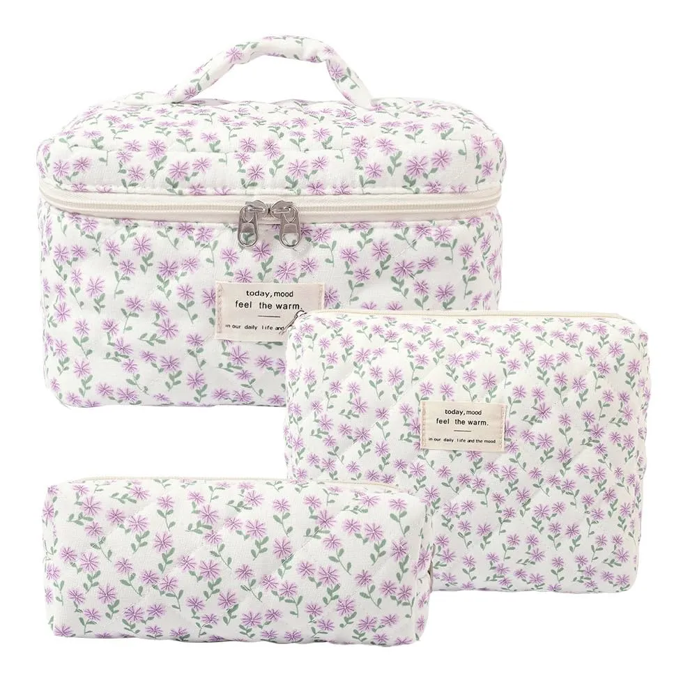 Aucuu Beauty Case Set di 3 Pezzi Floreale in Cotone Trapuntato per Trucco e Toilette - immagine 1