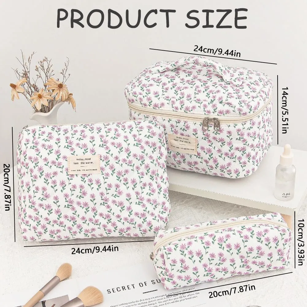 Aucuu Beauty Case Set di 3 Pezzi Floreale in Cotone Trapuntato per Trucco e Toilette - immagine 2