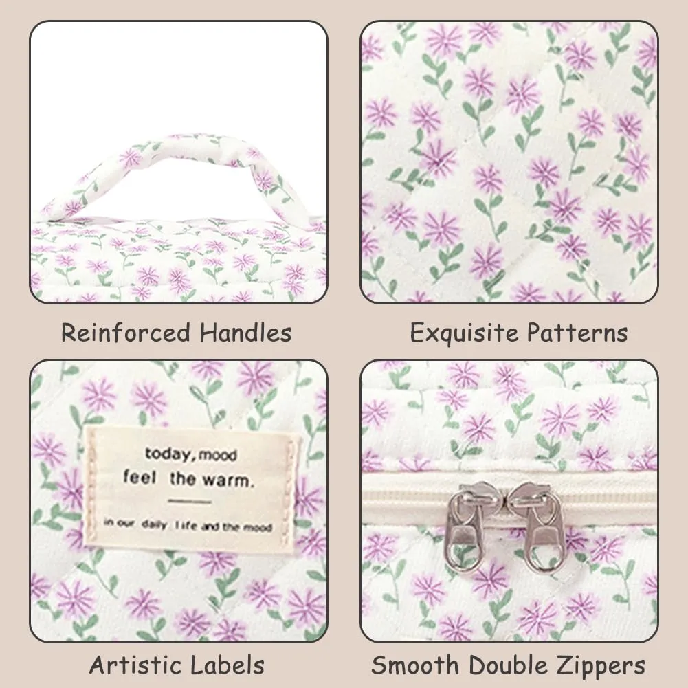 Aucuu Beauty Case Set di 3 Pezzi Floreale in Cotone Trapuntato per Trucco e Toilette - immagine 3