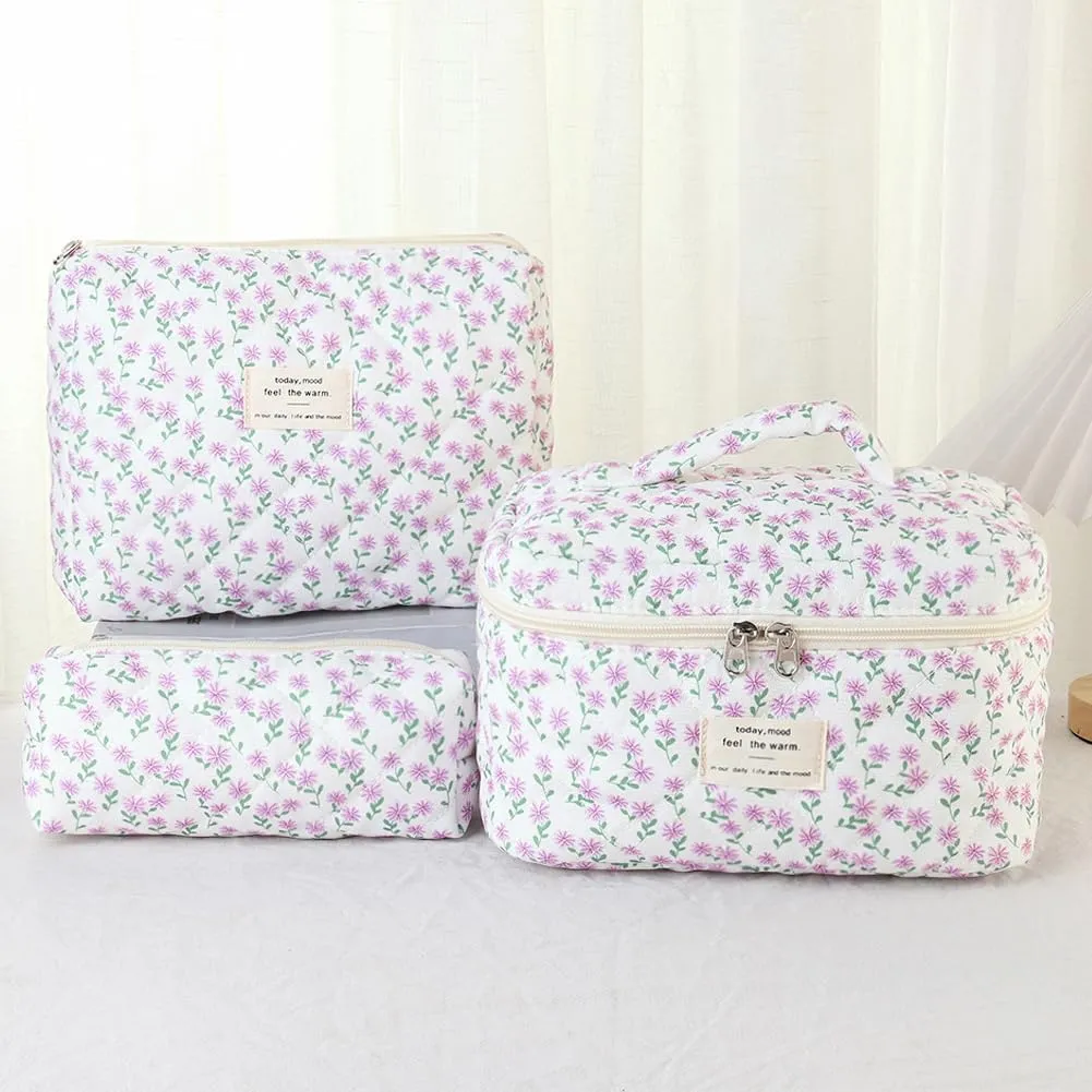 Aucuu Beauty Case Set di 3 Pezzi Floreale in Cotone Trapuntato per Trucco e Toilette - immagine 4
