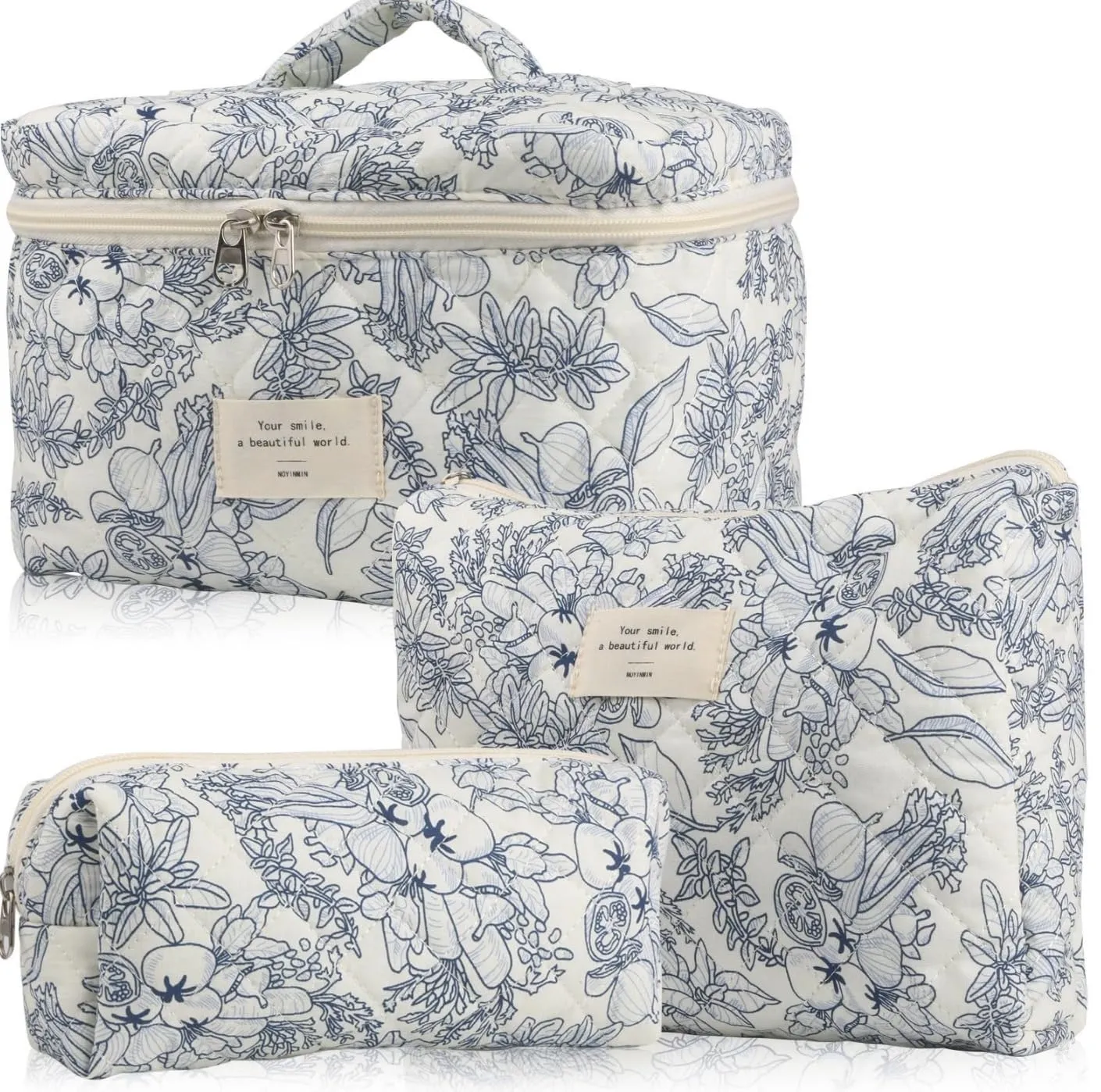 Aucuu Beauty Case, Set di 3 Borse da Toilette Trapuntate Floreali in Cotone, Organizer per Trucco da Viaggio - immagine 1