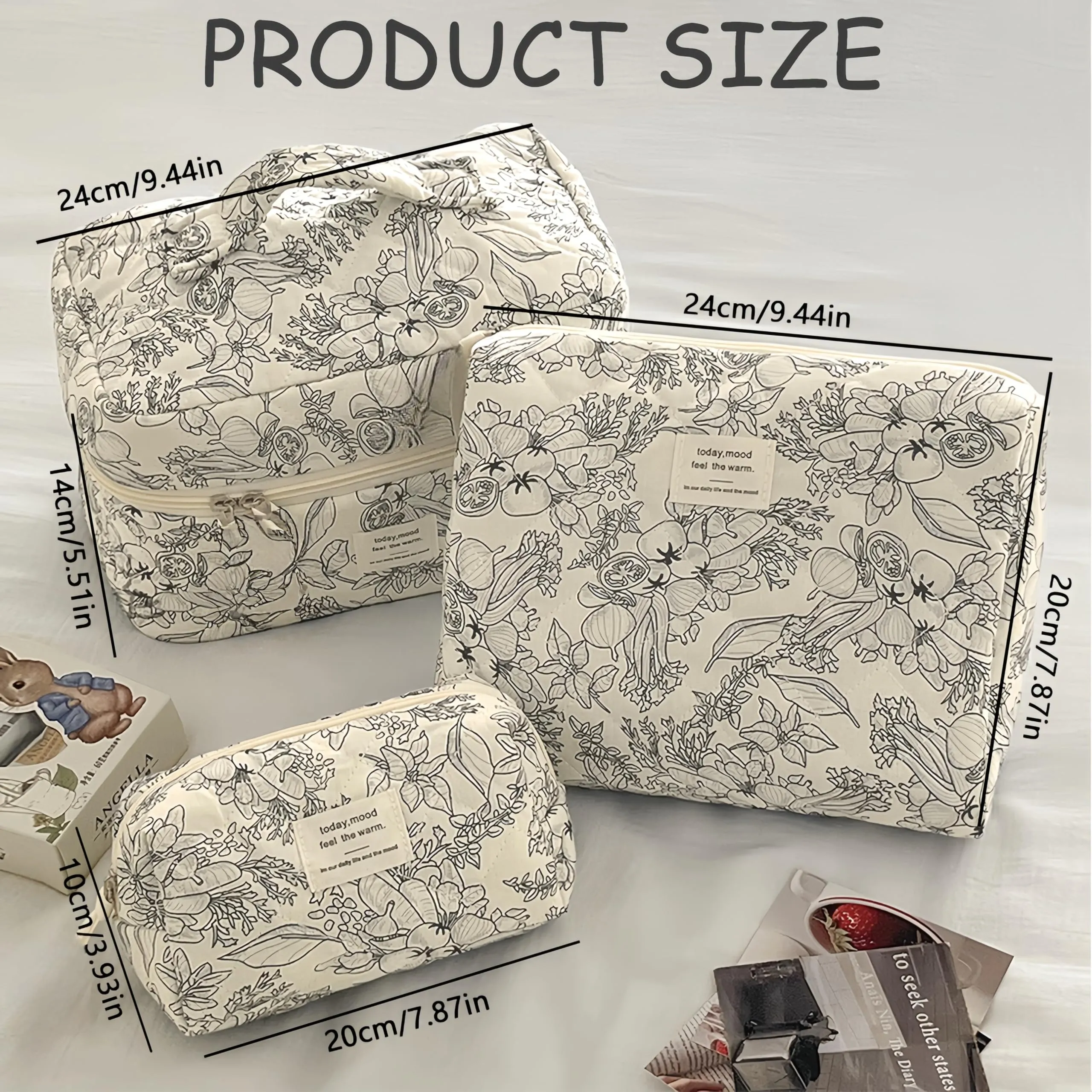 Aucuu Beauty Case, Set di 3 Borse da Toilette Trapuntate Floreali in Cotone, Organizer per Trucco da Viaggio - immagine 3