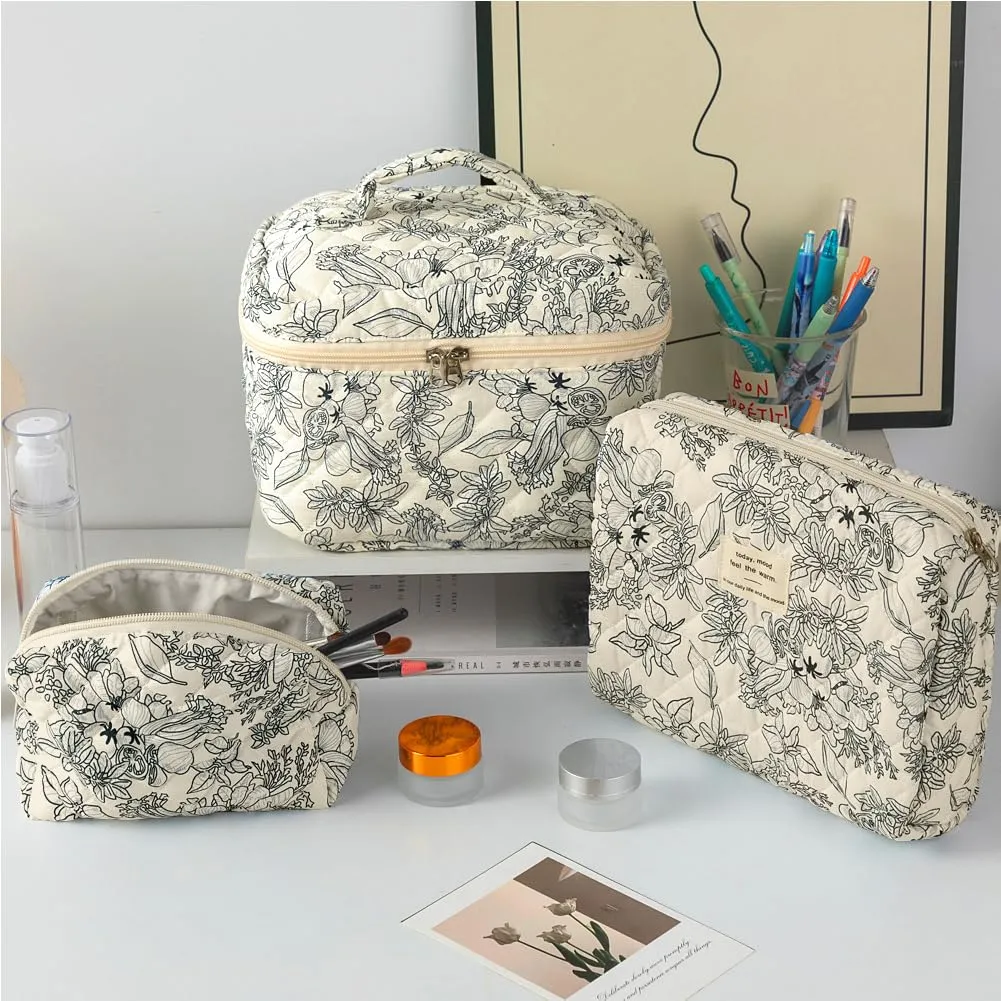 Aucuu Beauty Case, Set di 3 Borse da Toilette Trapuntate Floreali in Cotone, Organizer per Trucco da Viaggio - immagine 7