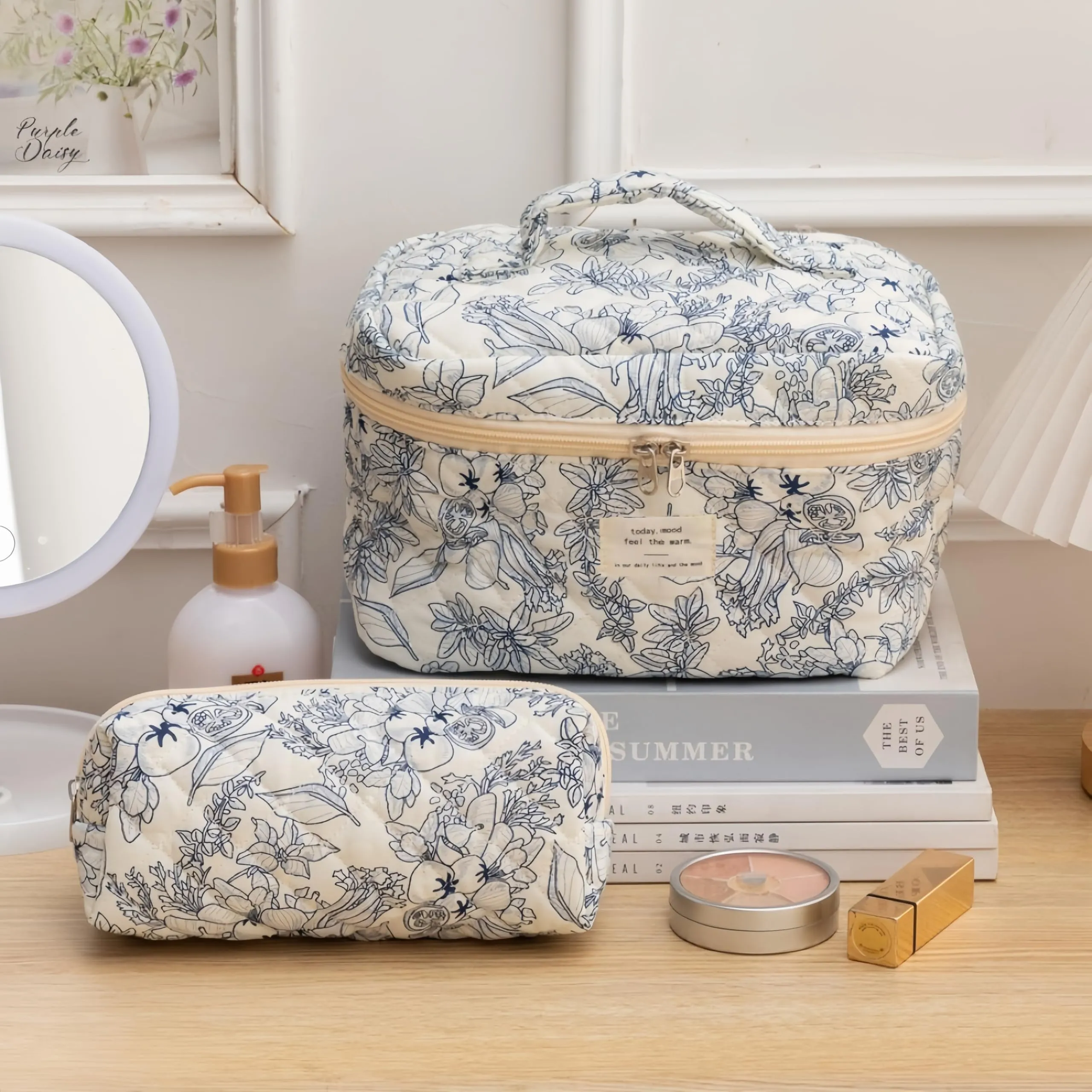 Aucuu Beauty Case, Set di 3 Borse da Toilette Trapuntate Floreali in Cotone, Organizer per Trucco da Viaggio - immagine 8