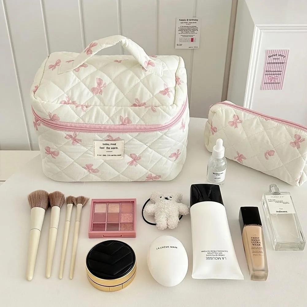 Aucuu Beauty Case, Set di 3 Borse da Toilette Trapuntate Floreali in Cotone, Organizer per Trucco da Viaggio - immagine 2