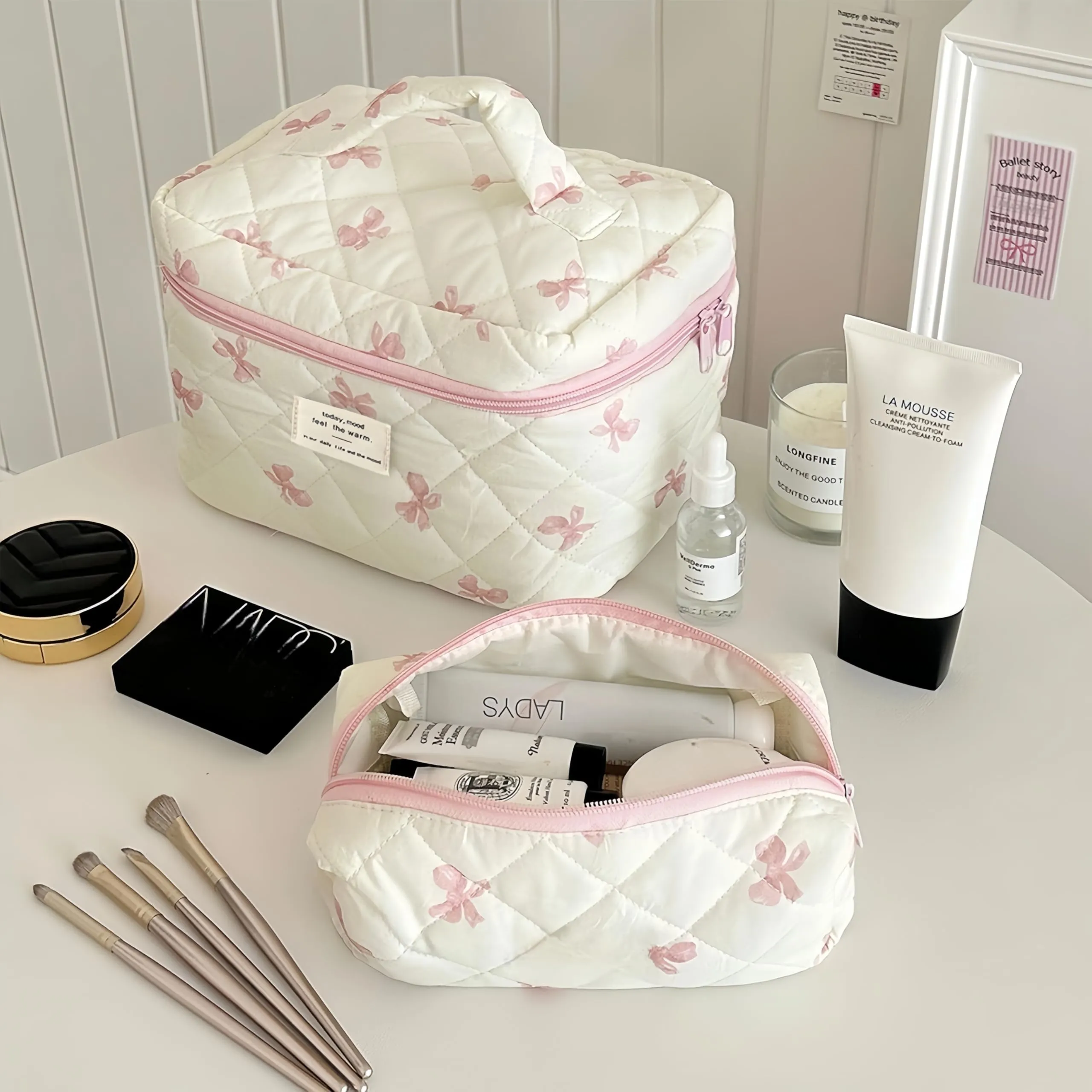 Aucuu Beauty Case, Set di 3 Borse da Toilette Trapuntate Floreali in Cotone, Organizer per Trucco da Viaggio - immagine 4
