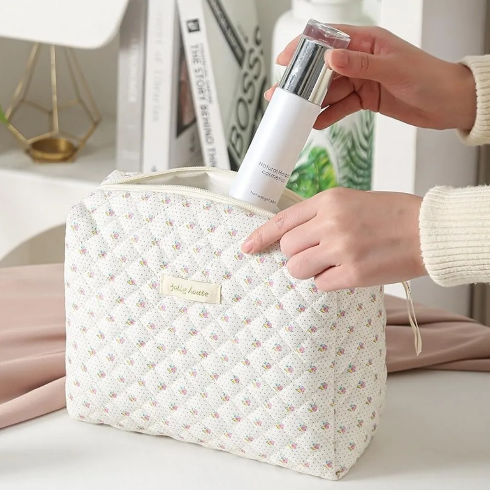 Aucuu Beauty Case Floreale Trapuntato in Cotone, Set da 3 Pezzi Organizer per Trucco e Toilette - immagine 2