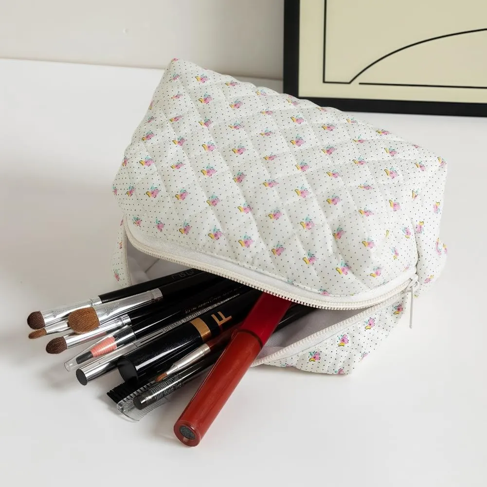 Aucuu Beauty Case Floreale Trapuntato in Cotone, Set da 3 Pezzi Organizer per Trucco e Toilette - immagine 3