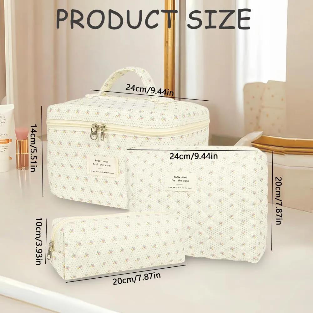 Aucuu Beauty Case Floreale Trapuntato in Cotone, Set da 3 Pezzi Organizer per Trucco e Toilette - immagine 4