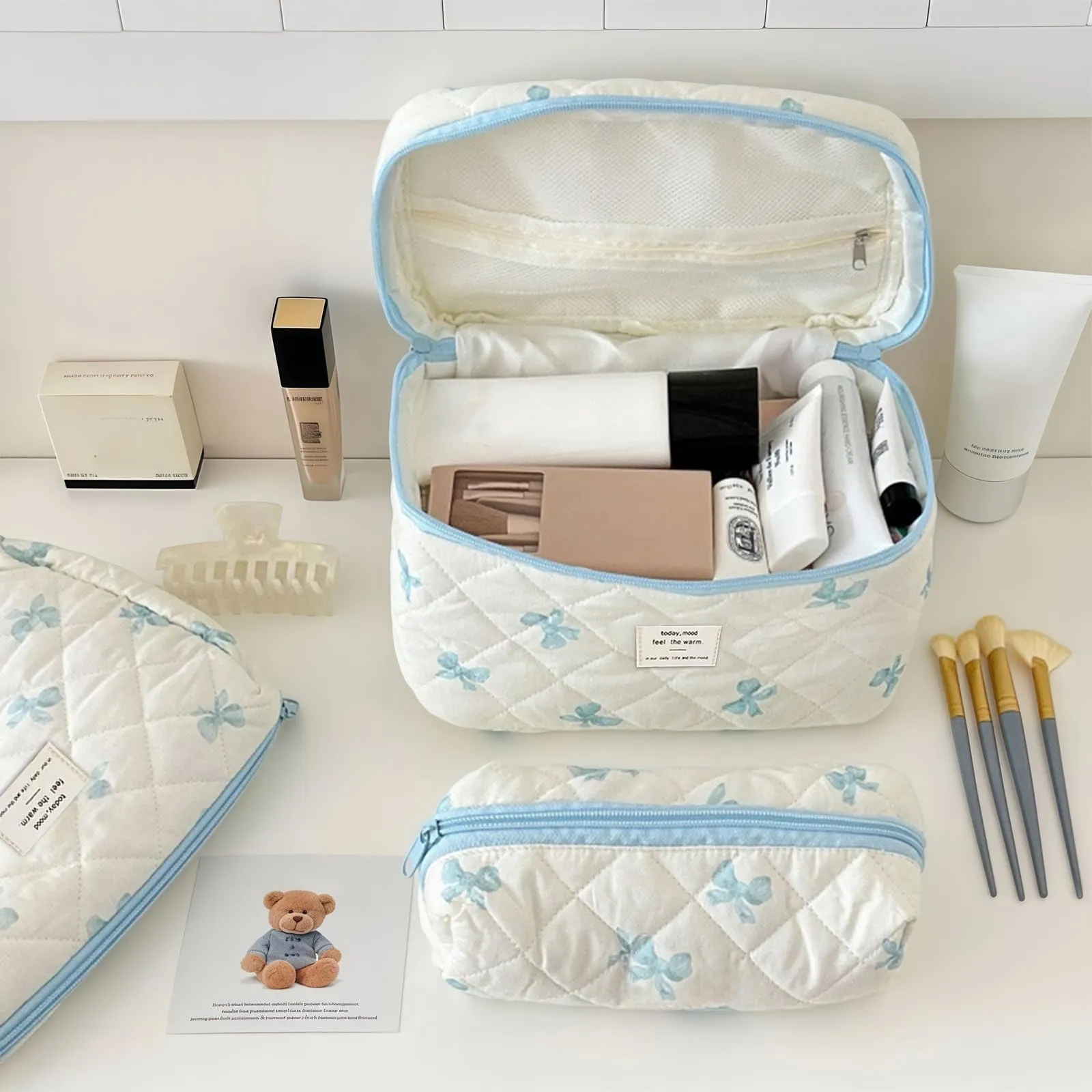 Aucuu Beauty Case 3 Pezzi Floreale Trapuntato in Cotone Borsa da Toilette Organizer per Trucco - immagine 3