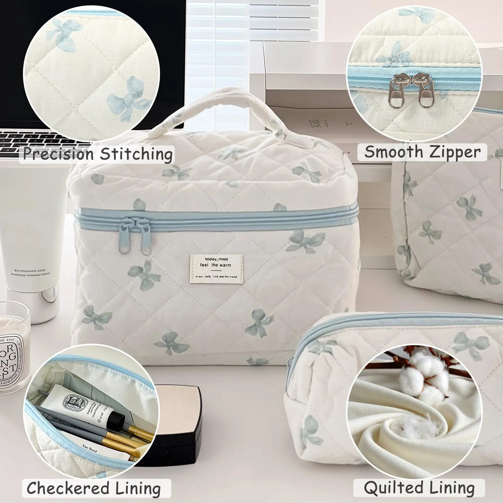 Aucuu Beauty Case 3 Pezzi Floreale Trapuntato in Cotone Borsa da Toilette Organizer per Trucco - immagine 4