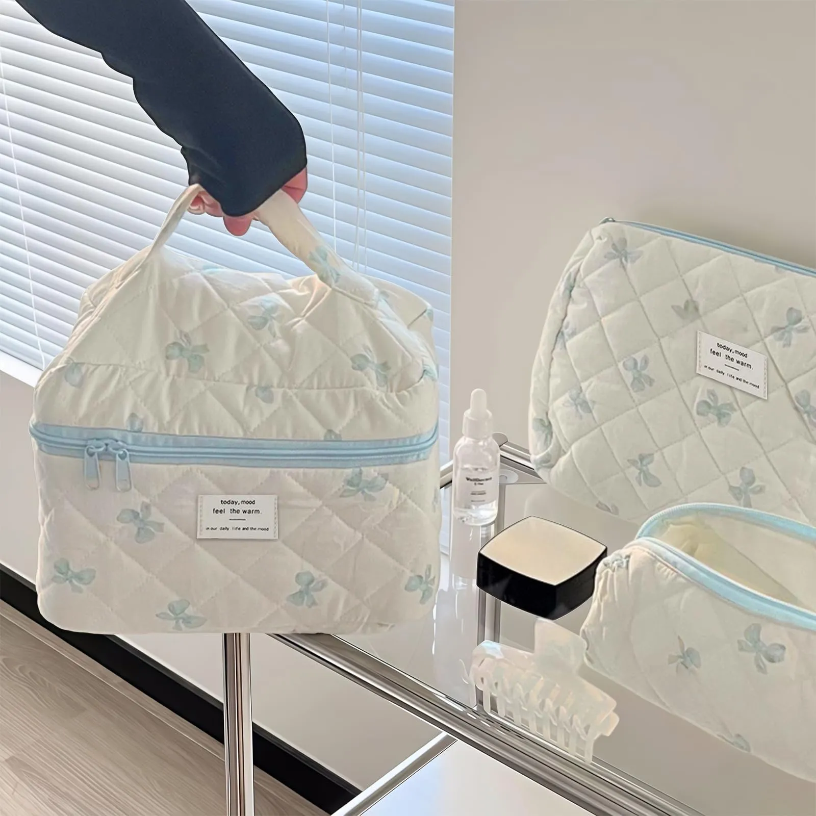 Aucuu Beauty Case 3 Pezzi Floreale Trapuntato in Cotone Borsa da Toilette Organizer per Trucco - immagine 5