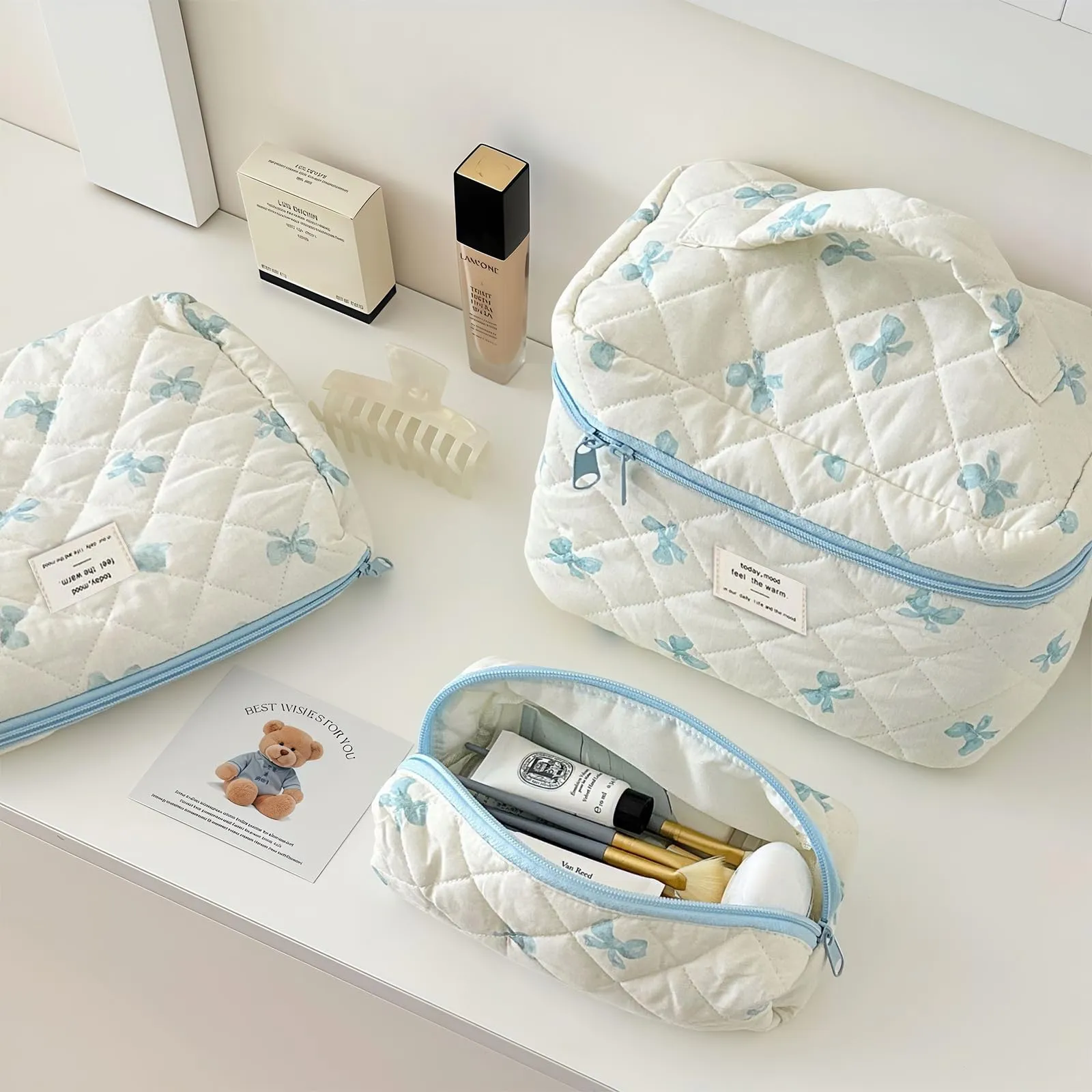 Aucuu Beauty Case 3 Pezzi Floreale Trapuntato in Cotone Borsa da Toilette Organizer per Trucco - immagine 6