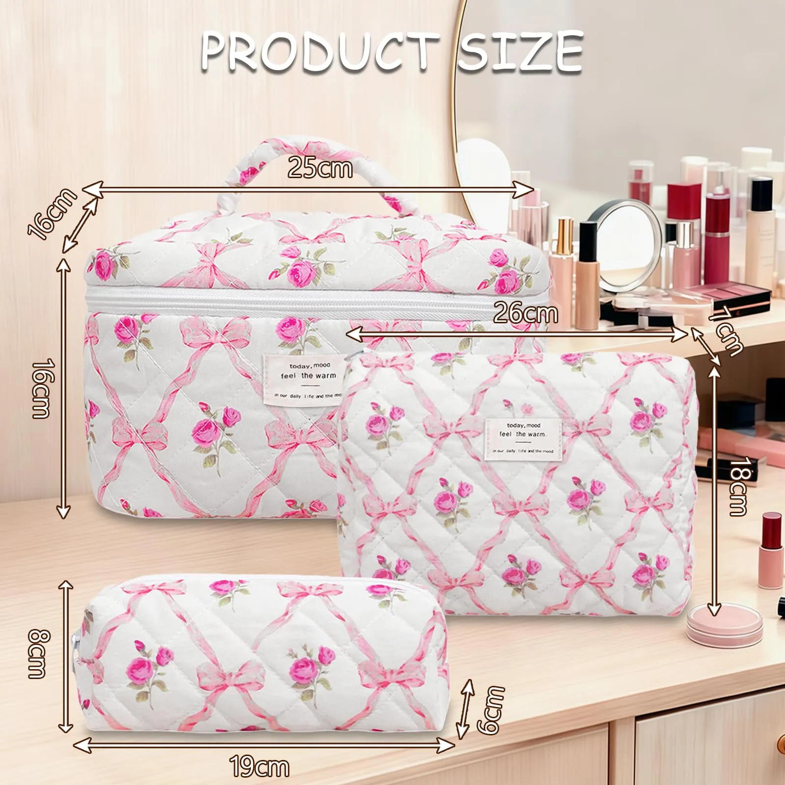 Aucuu Beauty Case, Set di 3 Borse da Toilette Trapuntate in Cotone con Motivi Floreali - immagine 2
