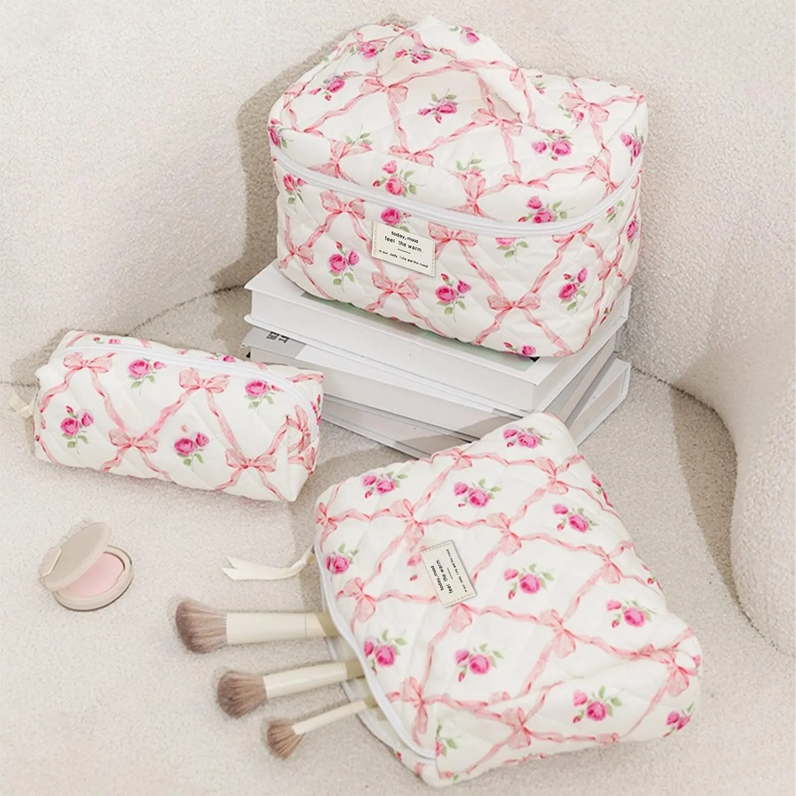 Aucuu Beauty Case, Set di 3 Borse da Toilette Trapuntate in Cotone con Motivi Floreali - immagine 3