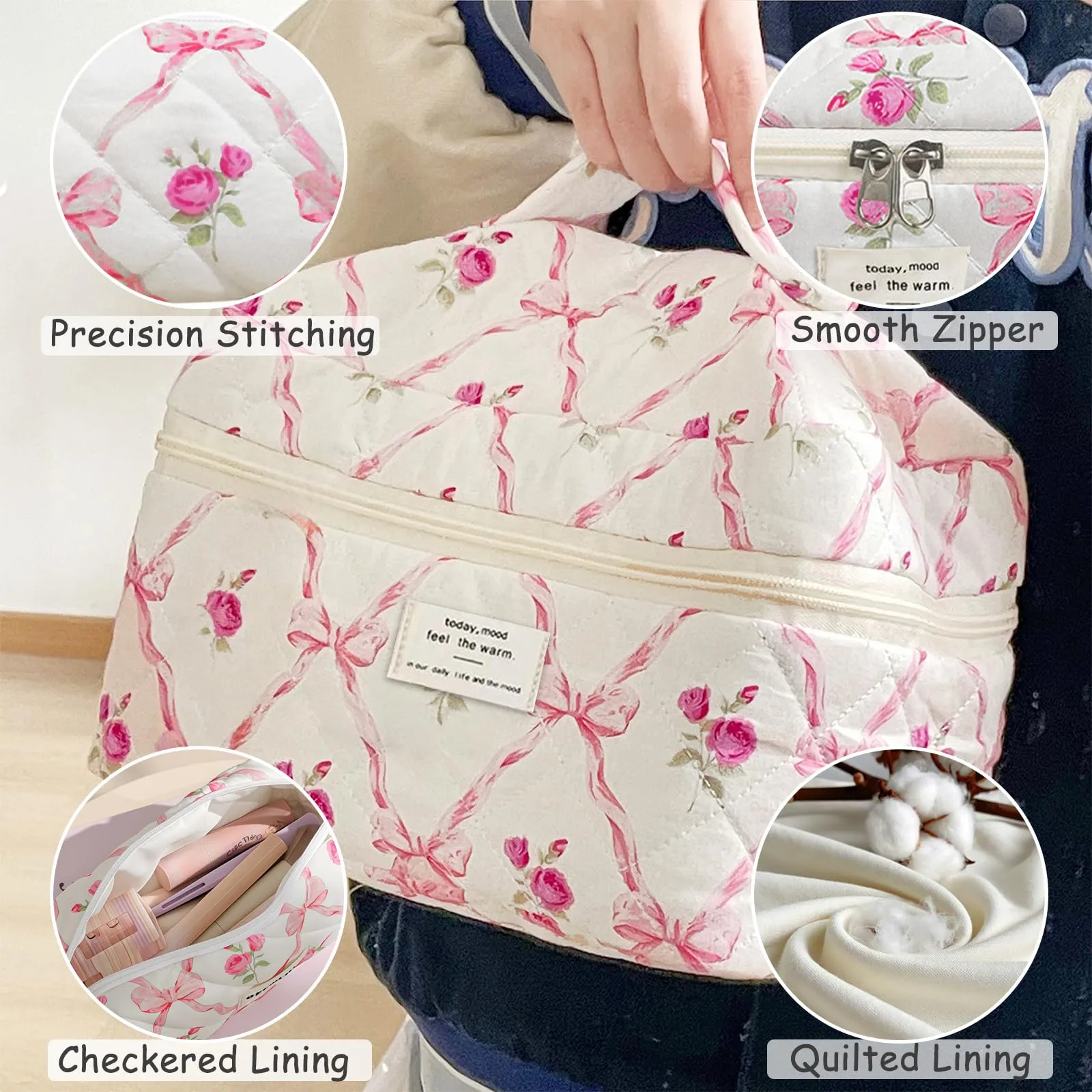 Aucuu Beauty Case, Set di 3 Borse da Toilette Trapuntate in Cotone con Motivi Floreali - immagine 4