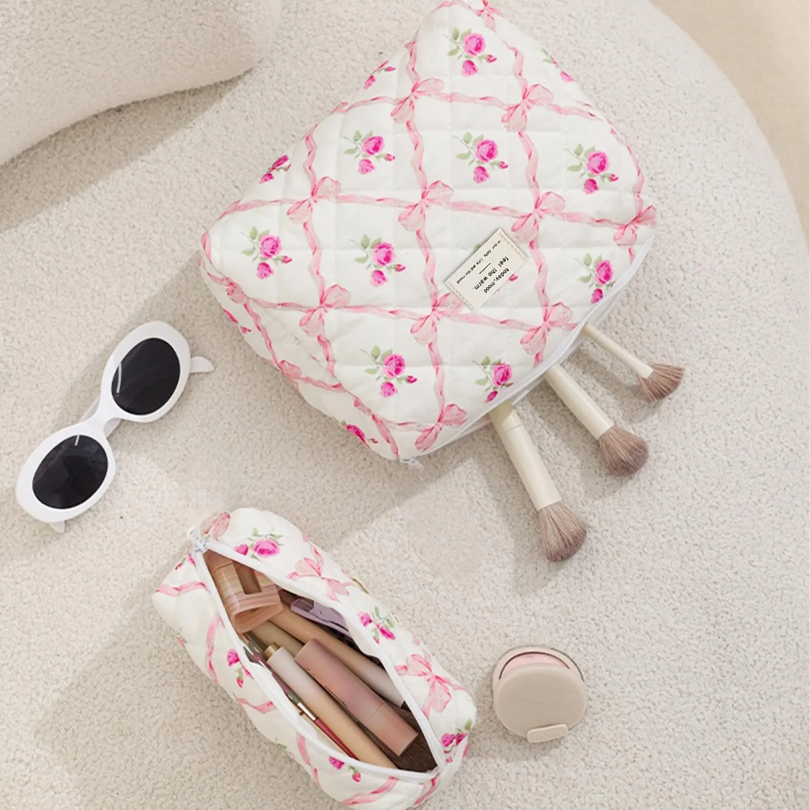 Aucuu Beauty Case, Set di 3 Borse da Toilette Trapuntate in Cotone con Motivi Floreali - immagine 6