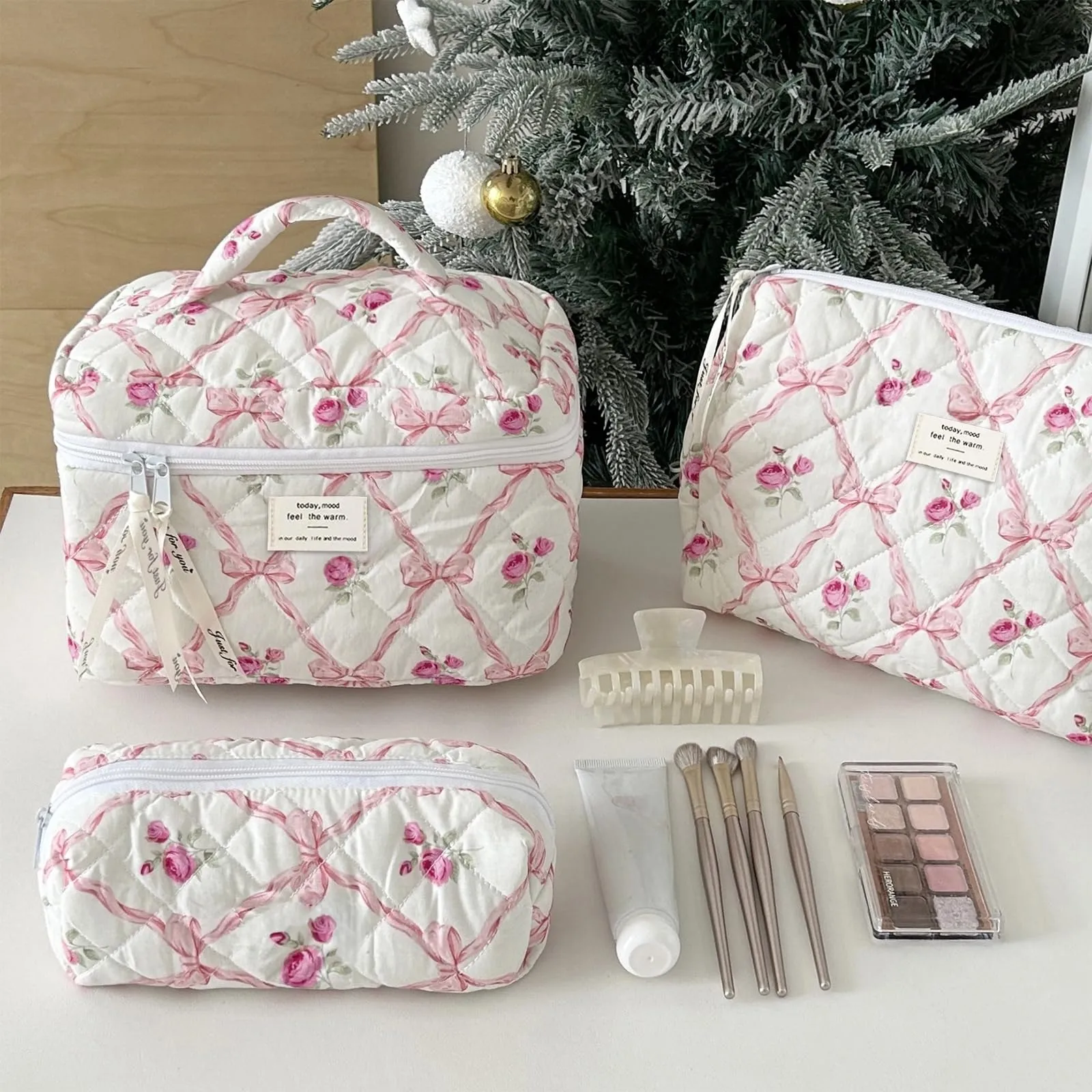 Aucuu Beauty Case, Set di 3 Borse da Toilette Trapuntate in Cotone con Motivi Floreali - immagine 7
