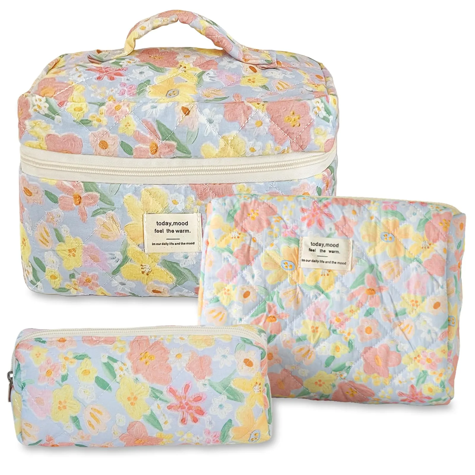 Aucuu Beauty Case Set di 3 Pezzi, Borsa da Toilette Trapuntata in Cotone con Motivi Floreali, Organizer per Trucco da Viaggio - immagine 1