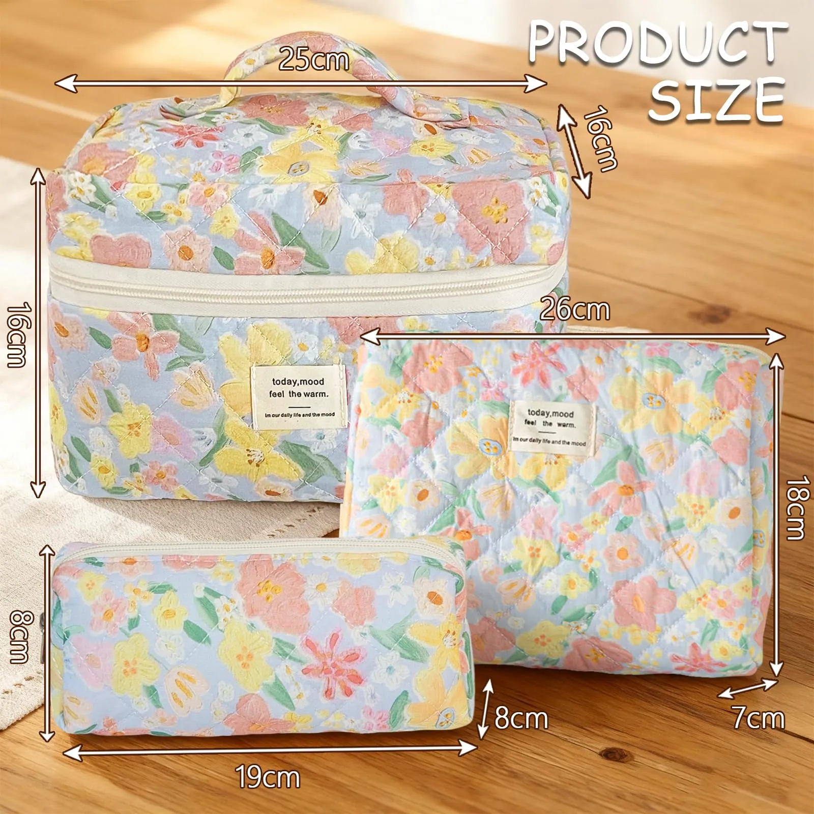 Aucuu Beauty Case Set di 3 Pezzi, Borsa da Toilette Trapuntata in Cotone con Motivi Floreali, Organizer per Trucco da Viaggio - immagine 2