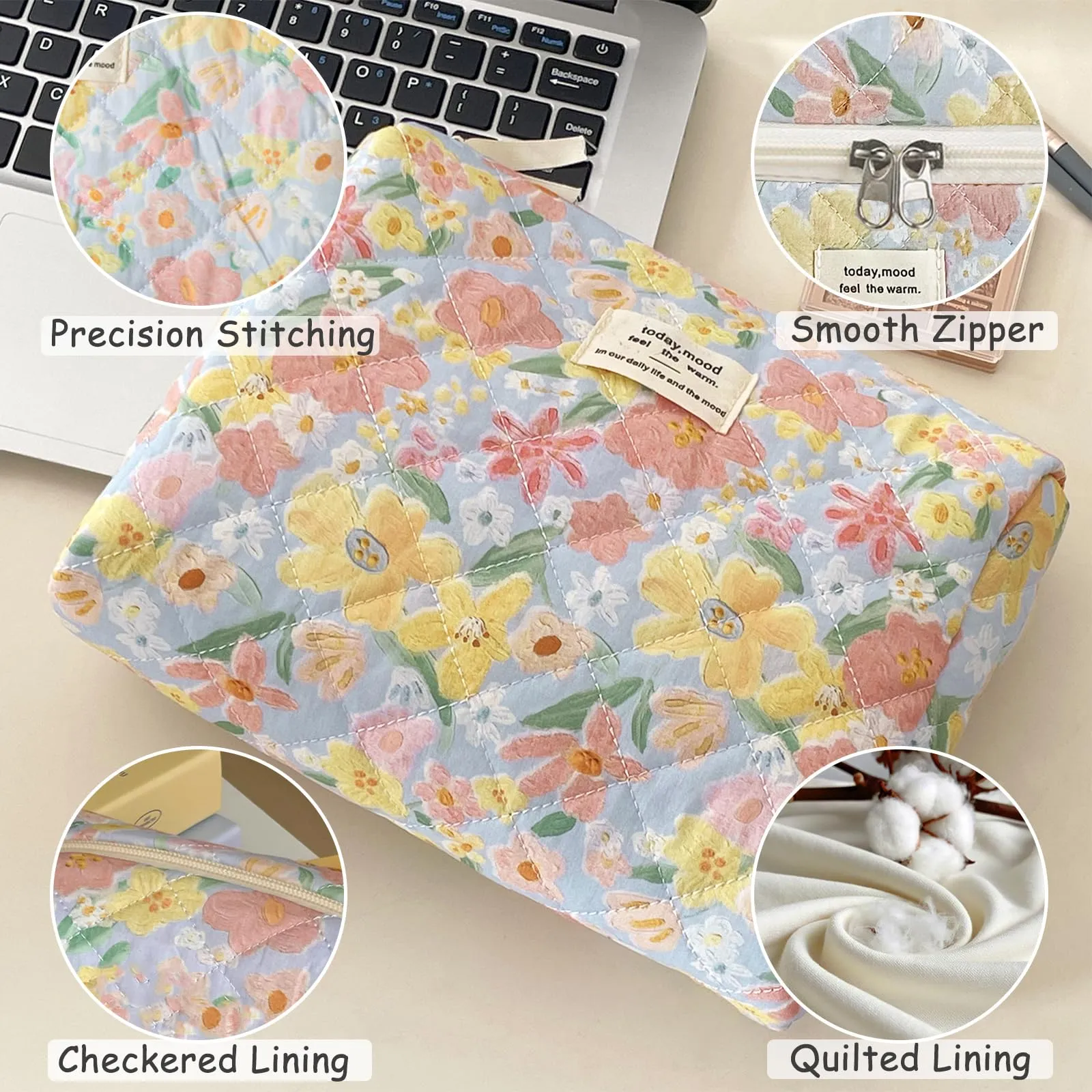 Aucuu Beauty Case Set di 3 Pezzi, Borsa da Toilette Trapuntata in Cotone con Motivi Floreali, Organizer per Trucco da Viaggio - immagine 4