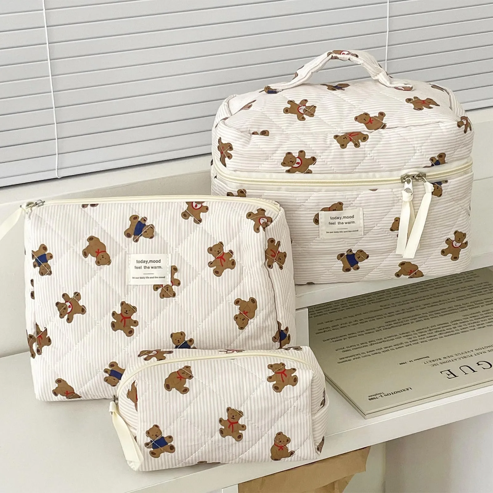 Aucuu Beauty Case, Set di 3 Borse da Toilette Trapuntate in Cotone con Motivi Floreali - immagine 3
