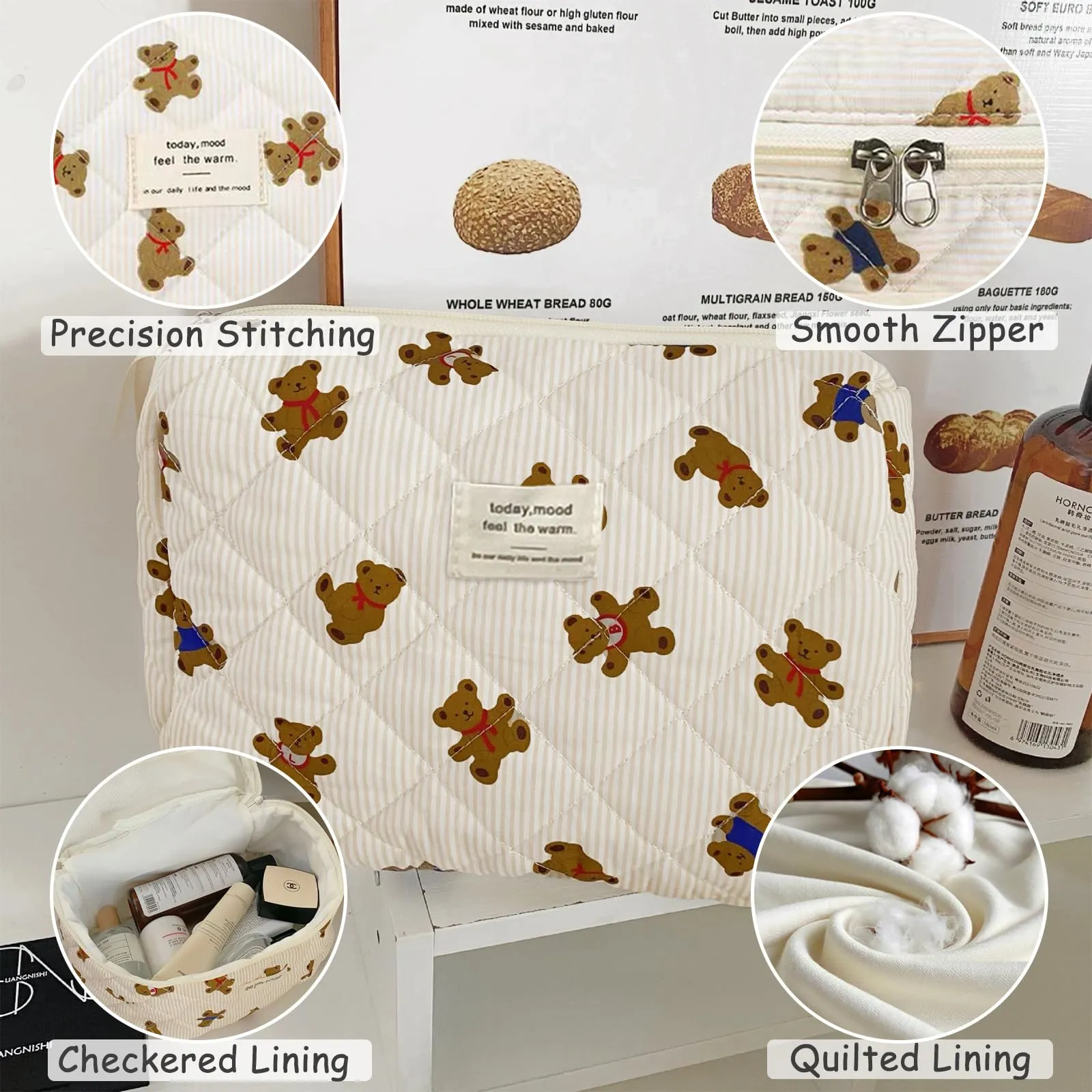 Aucuu Beauty Case, Set di 3 Borse da Toilette Trapuntate in Cotone con Motivi Floreali - immagine 4