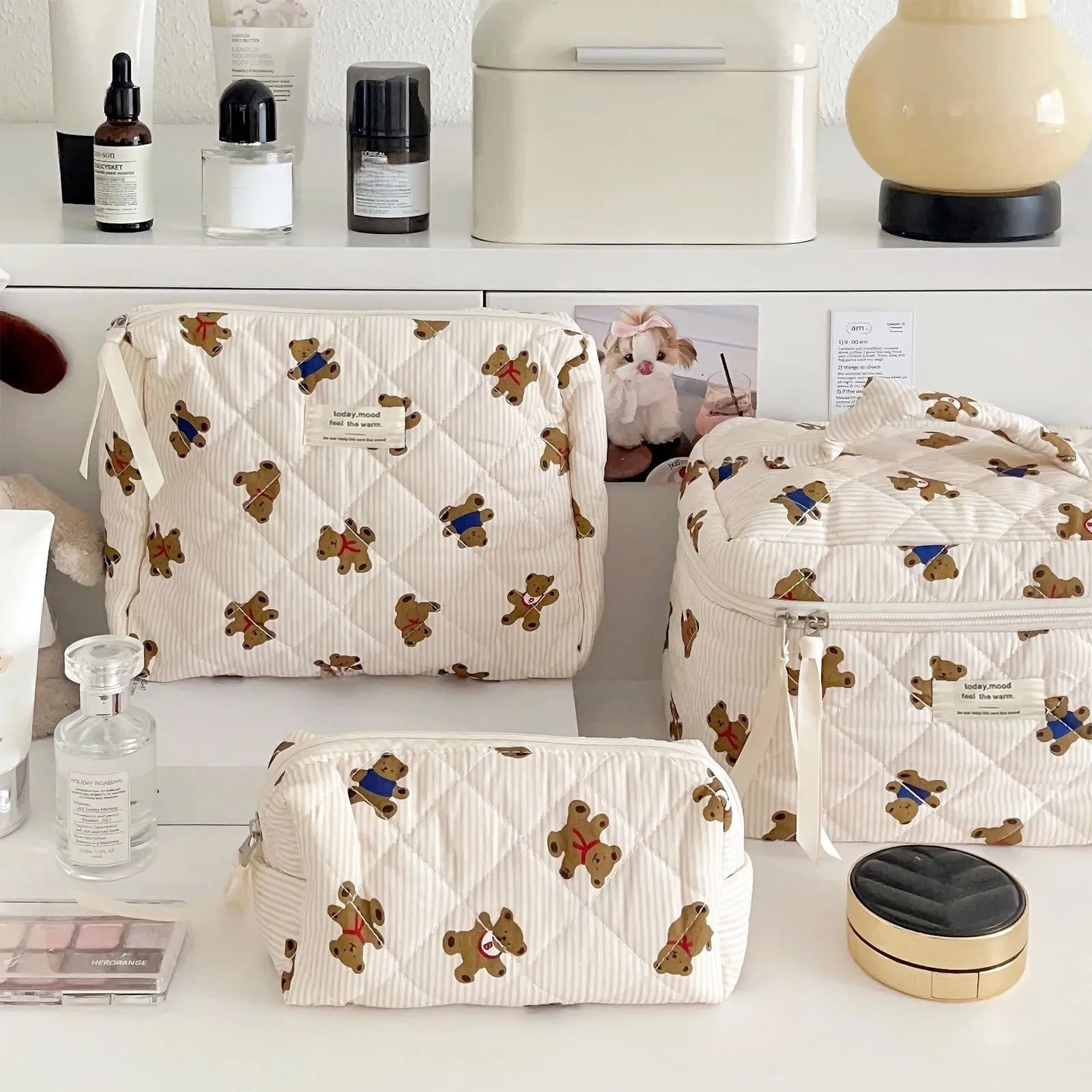 Aucuu Beauty Case, Set di 3 Borse da Toilette Trapuntate in Cotone con Motivi Floreali - immagine 7