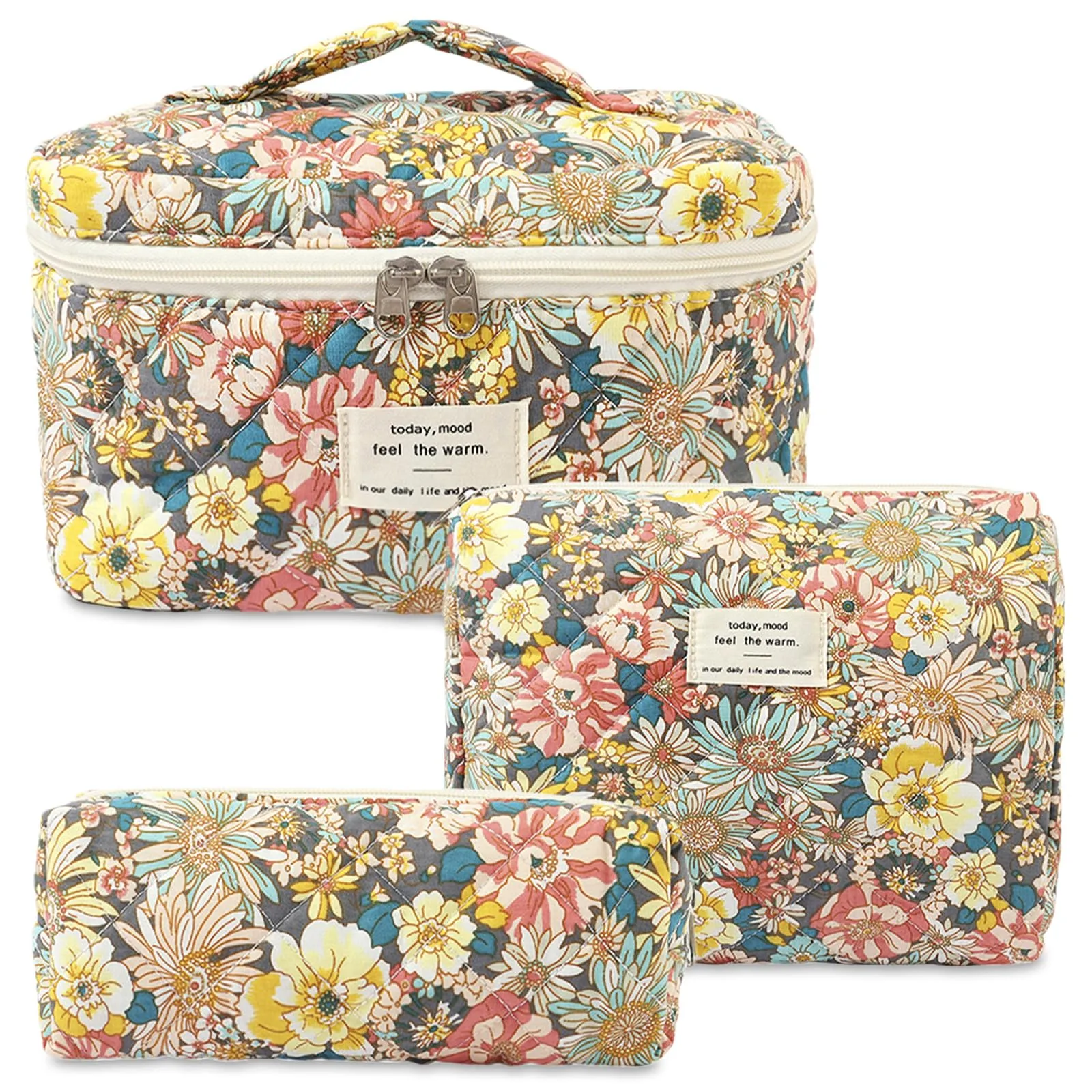 Aucuu Beauty Case Set, 3 Pezzi Floreale Trapuntata in Cotone, Borsa da Toilette e Makeup Organizer - immagine 1