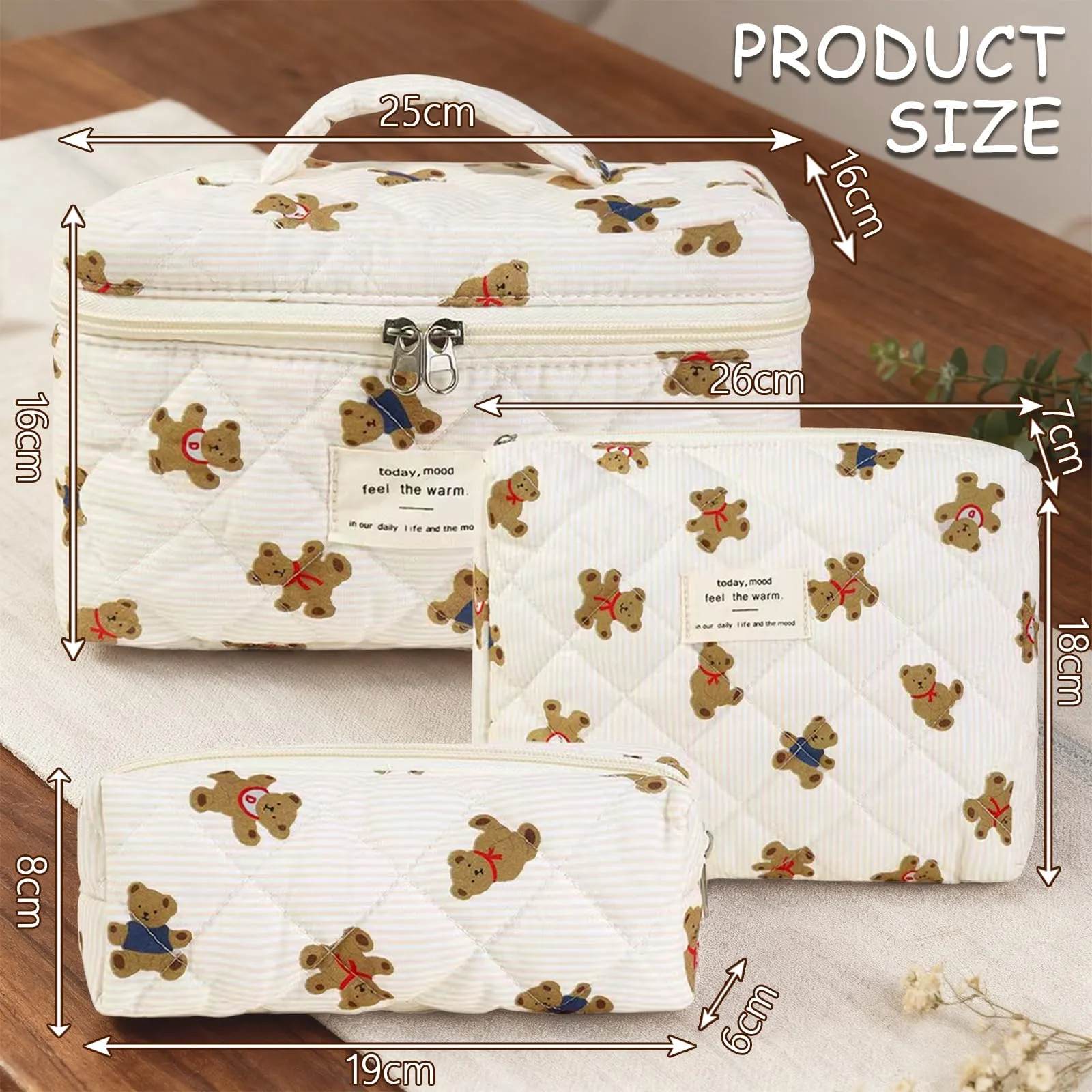 Aucuu Beauty Case Set, 3 Pezzi Floreale Trapuntata in Cotone, Borsa da Toilette e Makeup Organizer - immagine 2