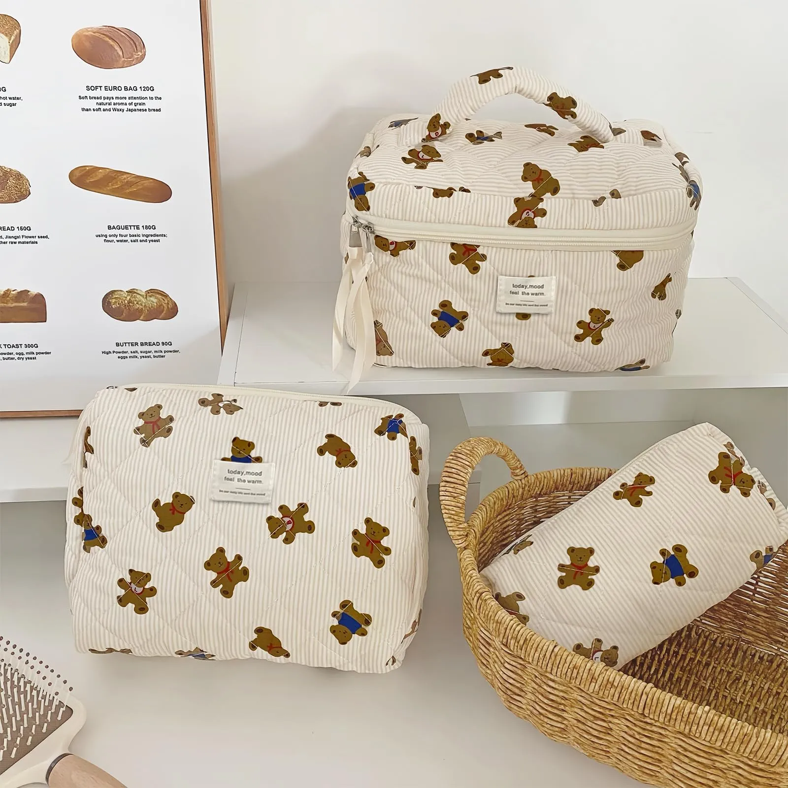 Aucuu Beauty Case Set, 3 Pezzi Floreale Trapuntata in Cotone, Borsa da Toilette e Makeup Organizer - immagine 5