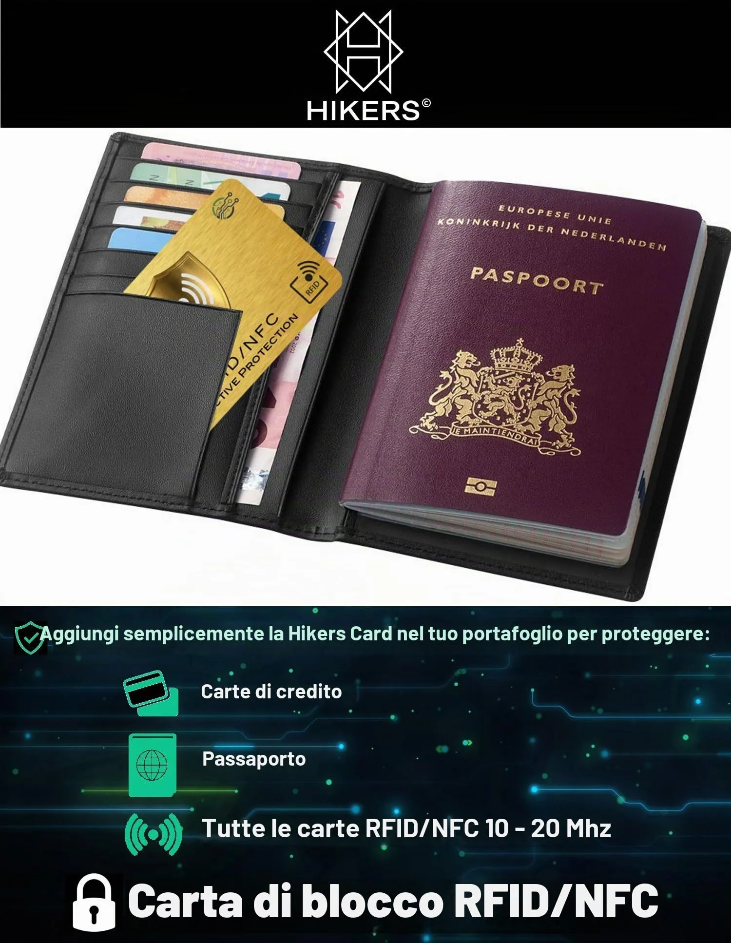HIKERS Carta di blocco RFID/NFC per carte di credito, bancomat e passaporto (Pack 3 carte) - immagine 3