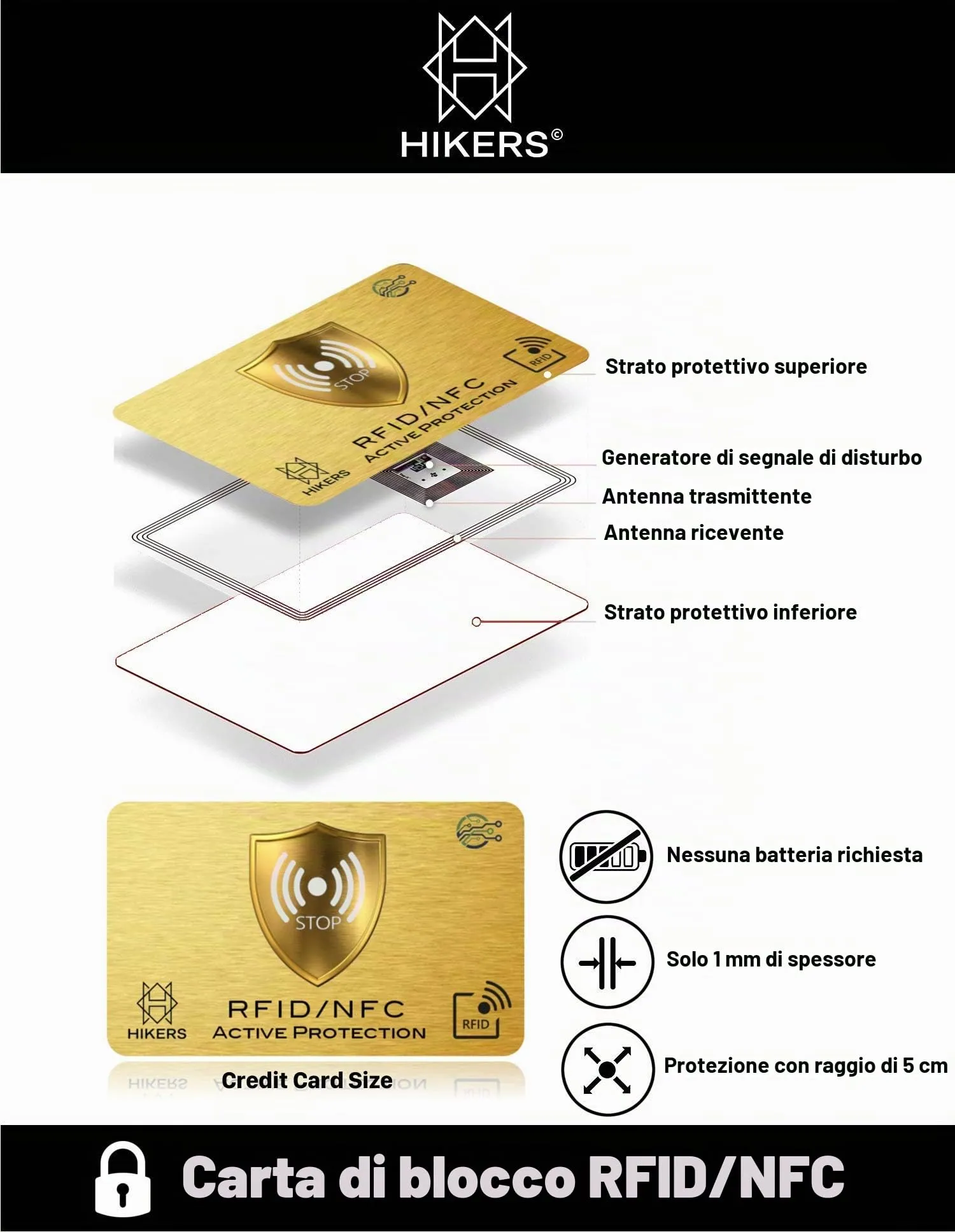 HIKERS Carta di blocco RFID/NFC per carte di credito, bancomat e passaporto (Pack 3 carte) - immagine 5