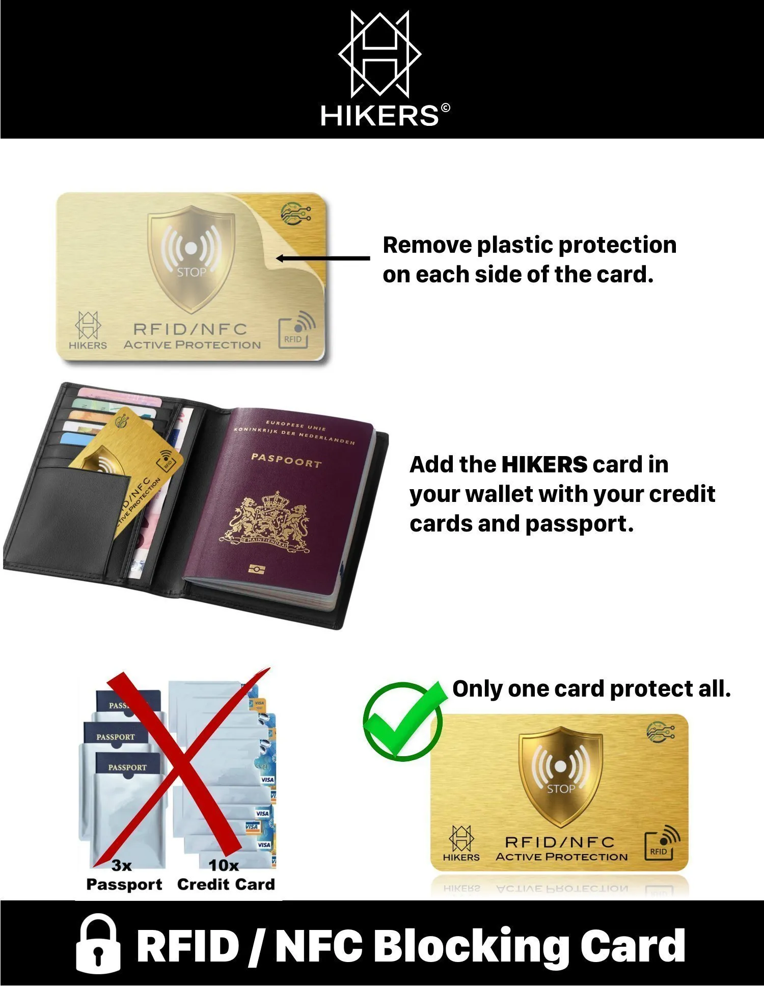 HIKERS Carta Protezione RFID/NFC per Carte di Credito, Bancomat e Passaporto, Oro, Pack 1 - immagine 6