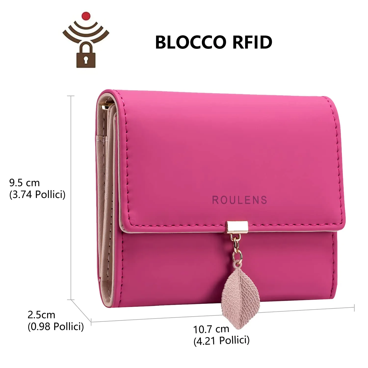 Roulens Portafoglio in pelle PU RFID da donna con ciondolo foglia e cerniera - immagine 2