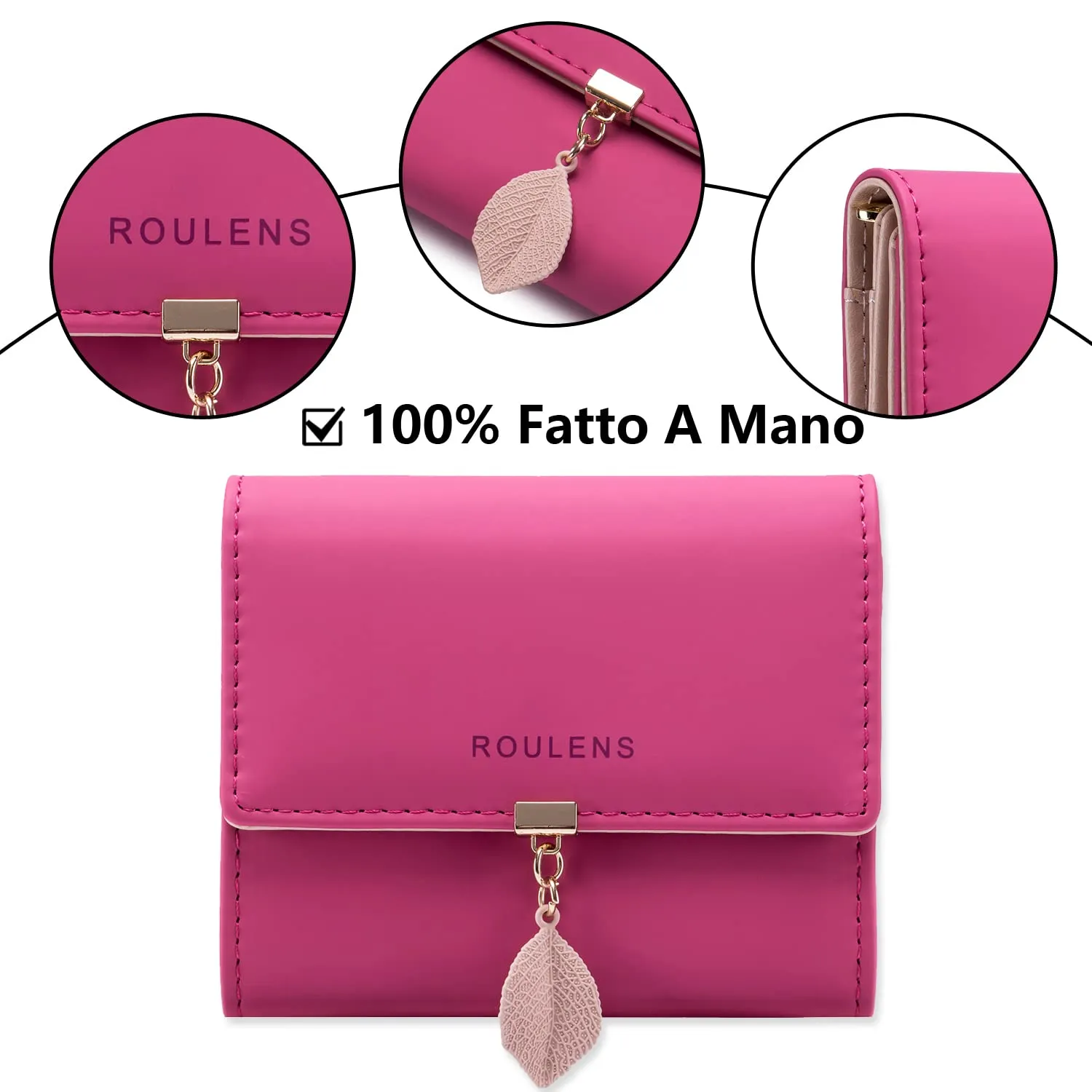 Roulens Portafoglio in pelle PU RFID da donna con ciondolo foglia e cerniera - immagine 4