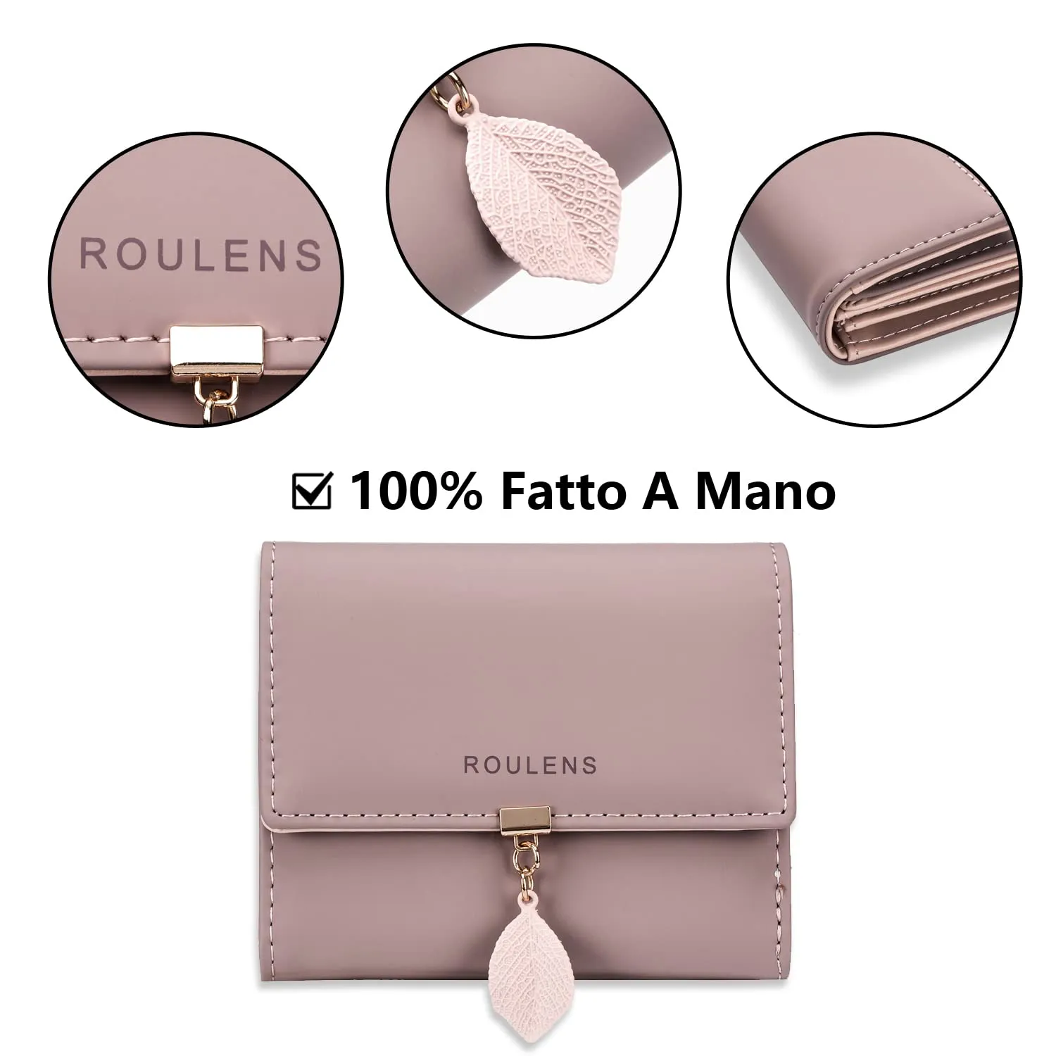 Roulens Portafoglio da donna in pelle PU con RFID, cerniera e ciondolo foglia - immagine 4