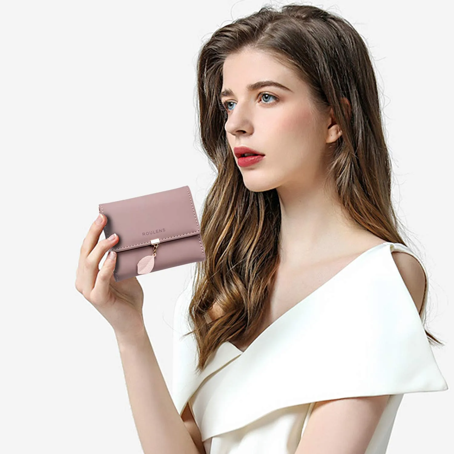 Roulens Portafoglio da donna in pelle PU con RFID, cerniera e ciondolo foglia - immagine 6