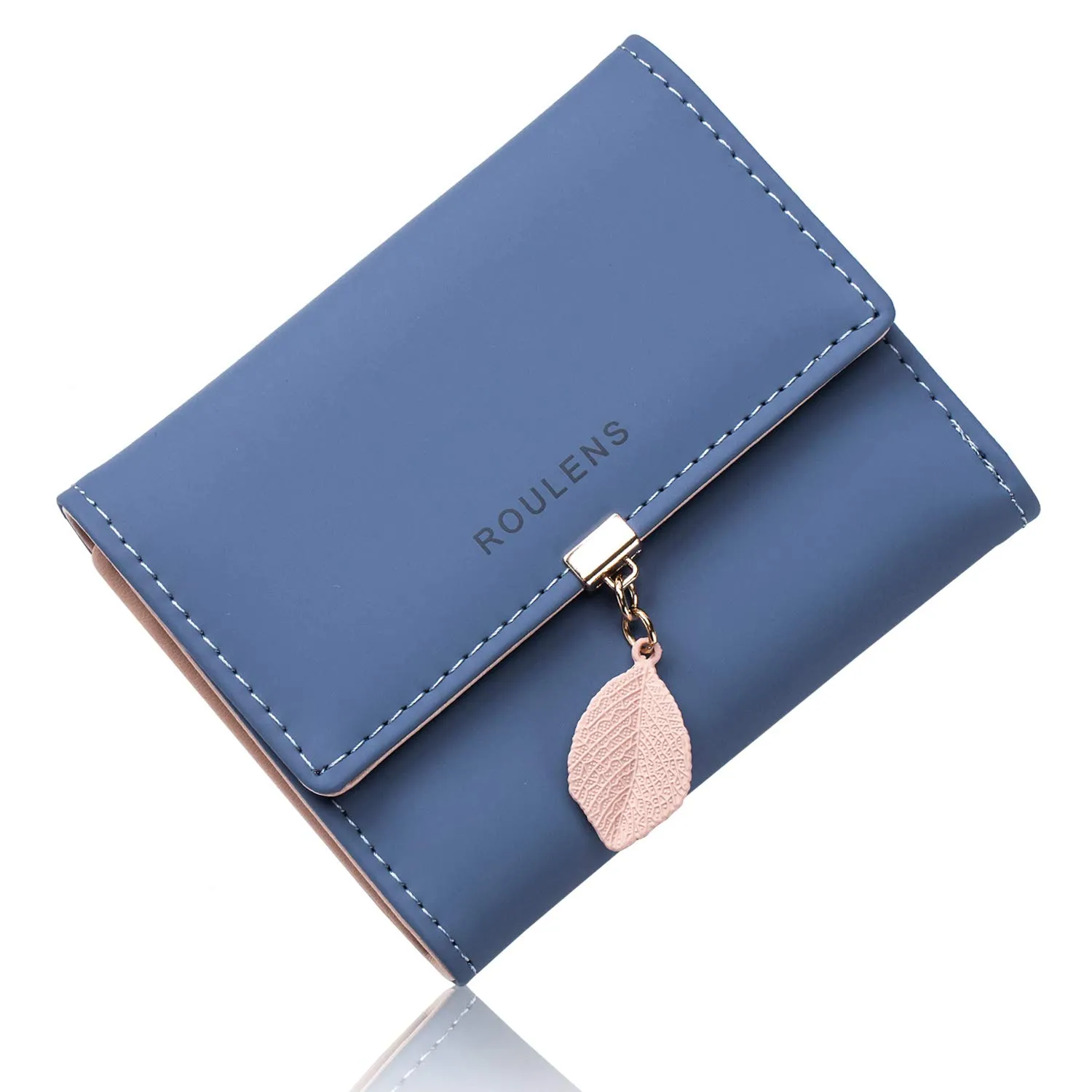 Roulens Portafoglio in Pelle PU RFID da Donna con Cerniera e Ciondolo Foglia, Blu - immagine 1