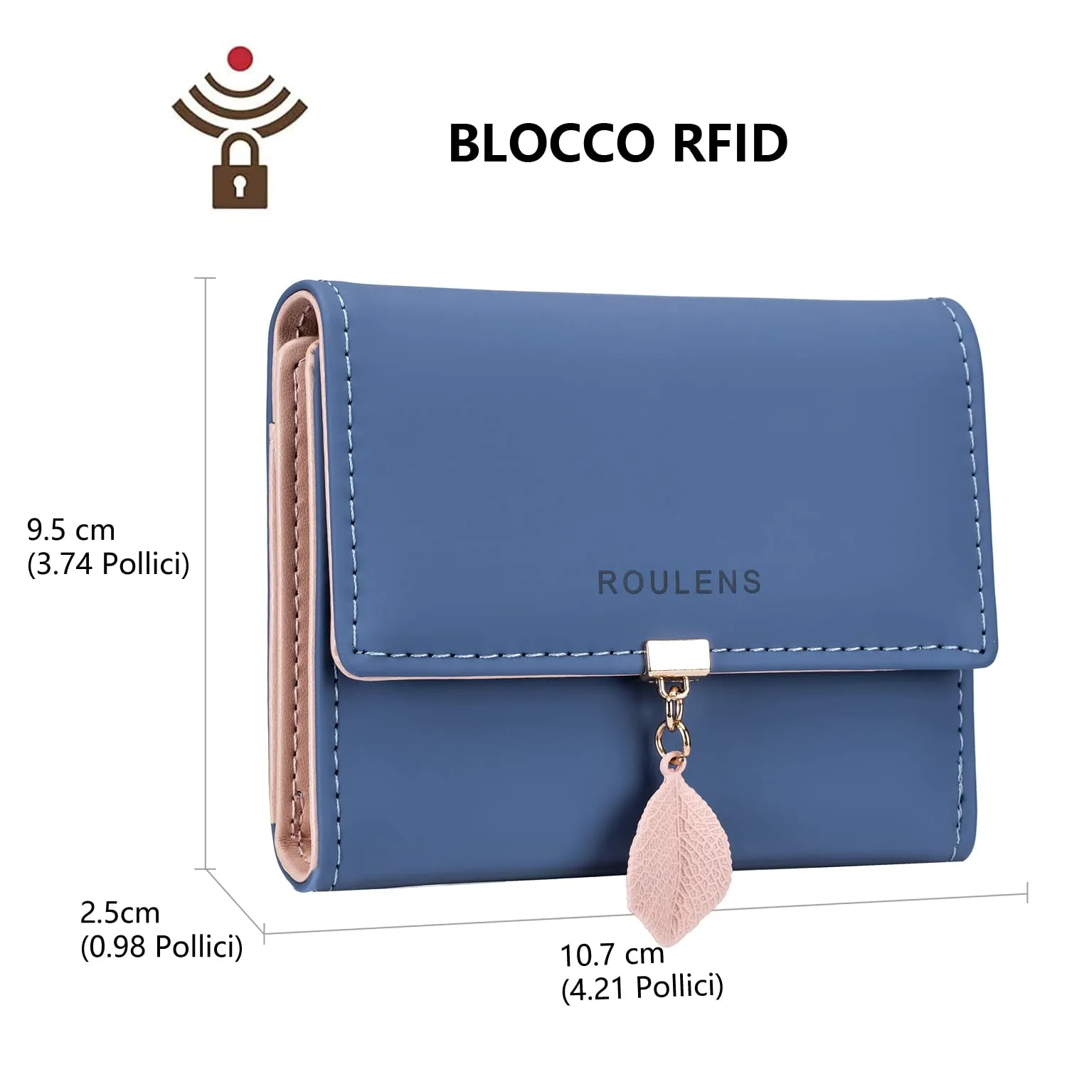 Roulens Portafoglio in Pelle PU RFID da Donna con Cerniera e Ciondolo Foglia, Blu - immagine 2