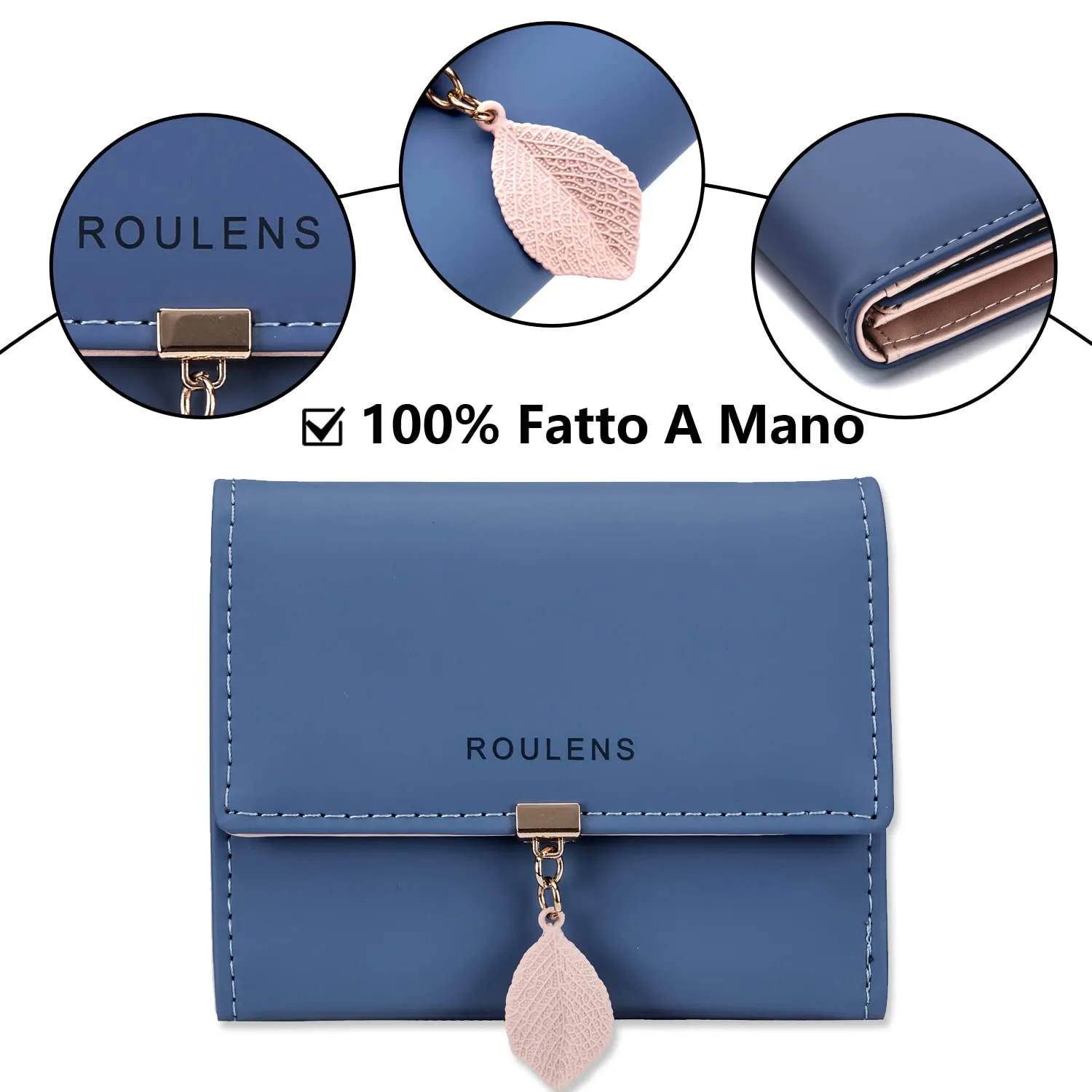 Roulens Portafoglio in Pelle PU RFID da Donna con Cerniera e Ciondolo Foglia, Blu - immagine 4