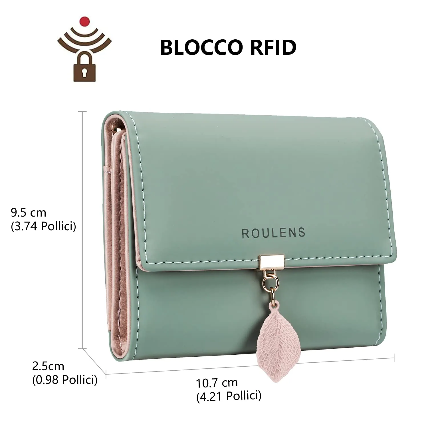 Roulens Portafoglio in pelle PU da donna con RFID e cerniera, Verde - immagine 2