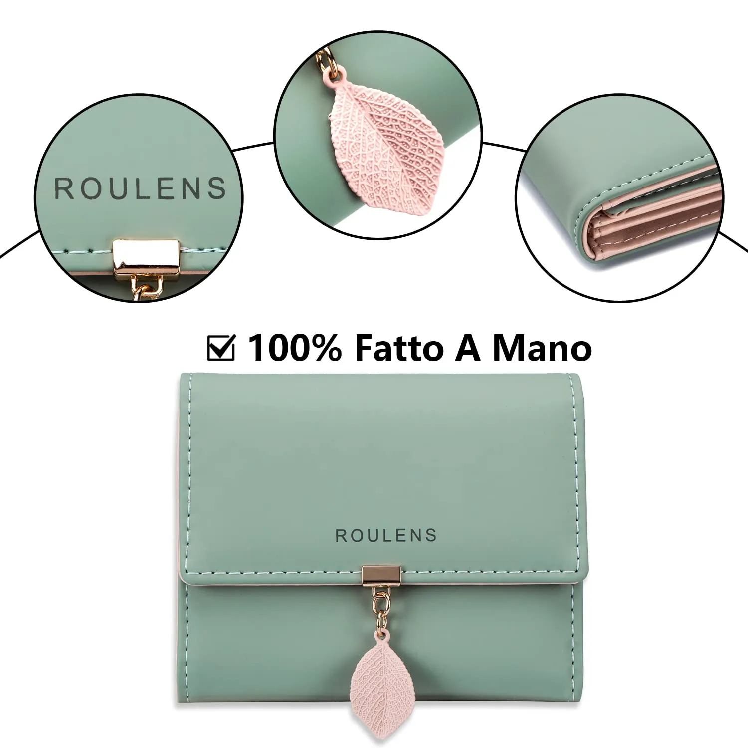Roulens Portafoglio in pelle PU da donna con RFID e cerniera, Verde - immagine 4