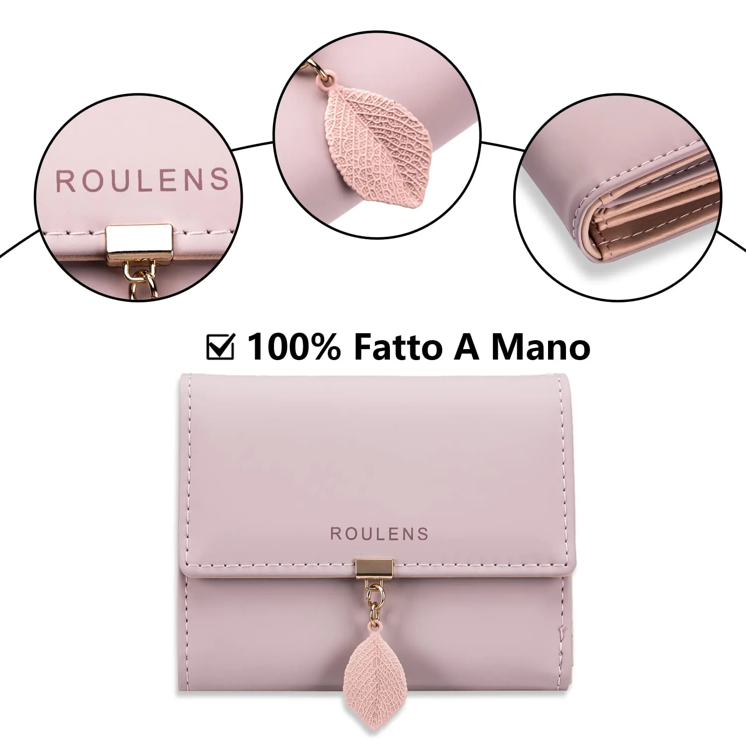 Roulens Portafoglio in pelle PU da donna con RFID, ciondolo foglia e cerniera - immagine 4
