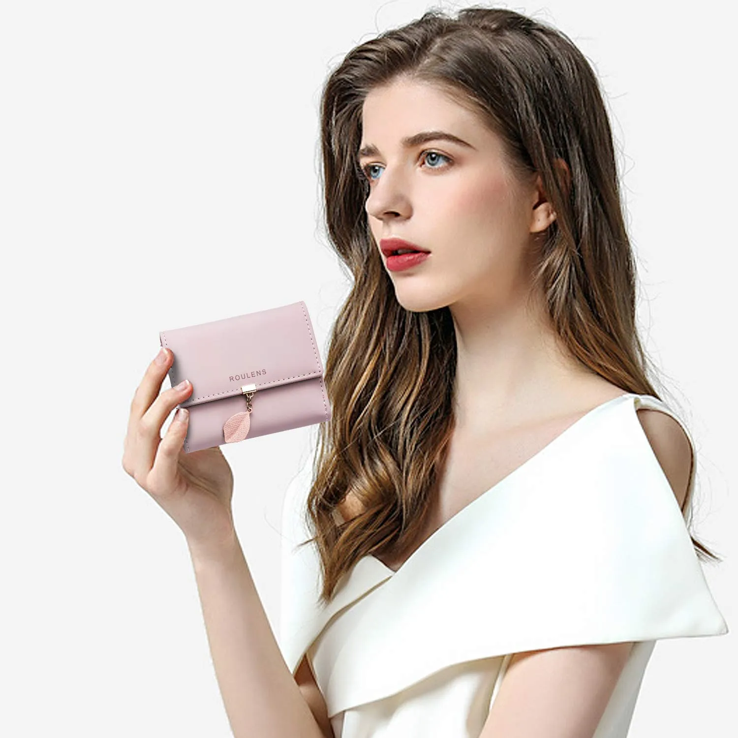 Roulens Portafoglio in pelle PU da donna con RFID, ciondolo foglia e cerniera - immagine 6
