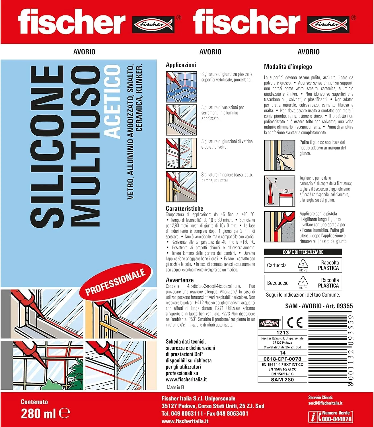 Fischer Silicone Acetico Multiuso SAM 280 ml, Trasparente, 25 Pezzi - immagine 2