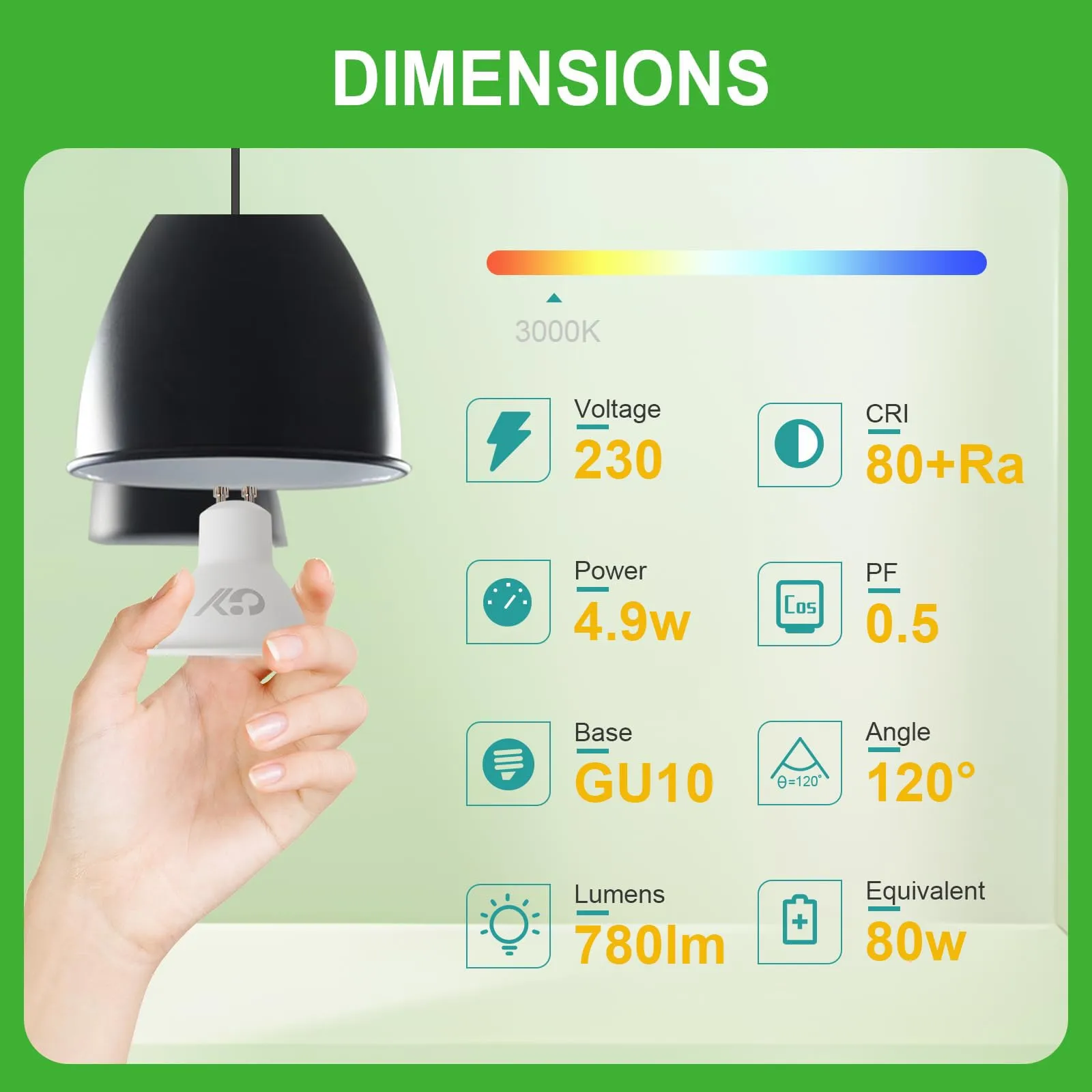 GY Lampadine GU10 LED, 4.9W, 780 Lumen, 3000K Bianco Caldo, 120° Angolo del Fascio, Non Dimmerabile, 5 pezzi - immagine 4