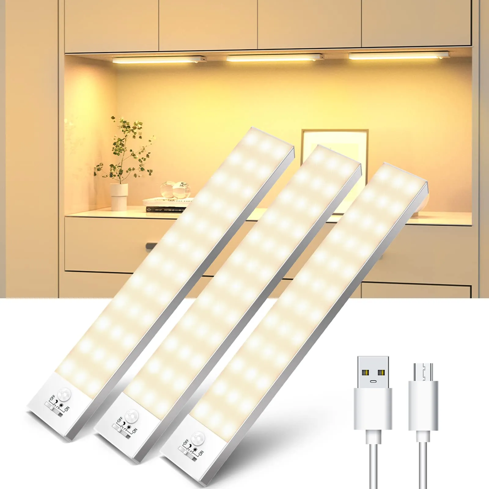 OUILA Luce Armadio LED con Sensore di Movimento per Cucina, 23CM, 3 Pezzi, 3000K, GLS-C002 - immagine 1